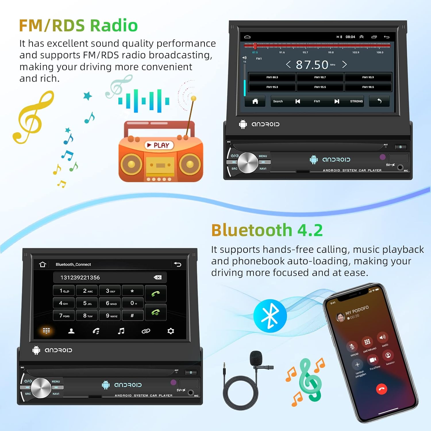 Podofo Android 13 Autoradio 1 Din 7 Pollici Touchscreen - immagine 4