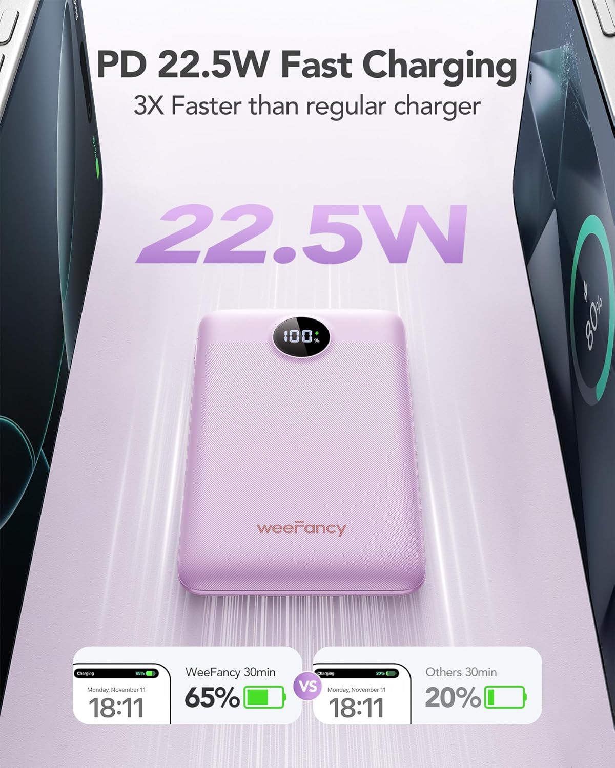 Power Bank 10000mAh 22,5W con Cavi Integrati, Viola - immagine 3