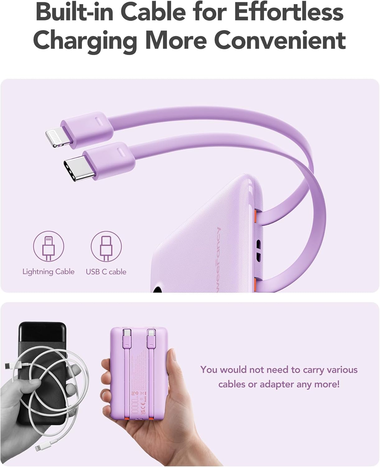Power Bank 10000mAh 22,5W con Cavi Integrati, Viola - immagine 5