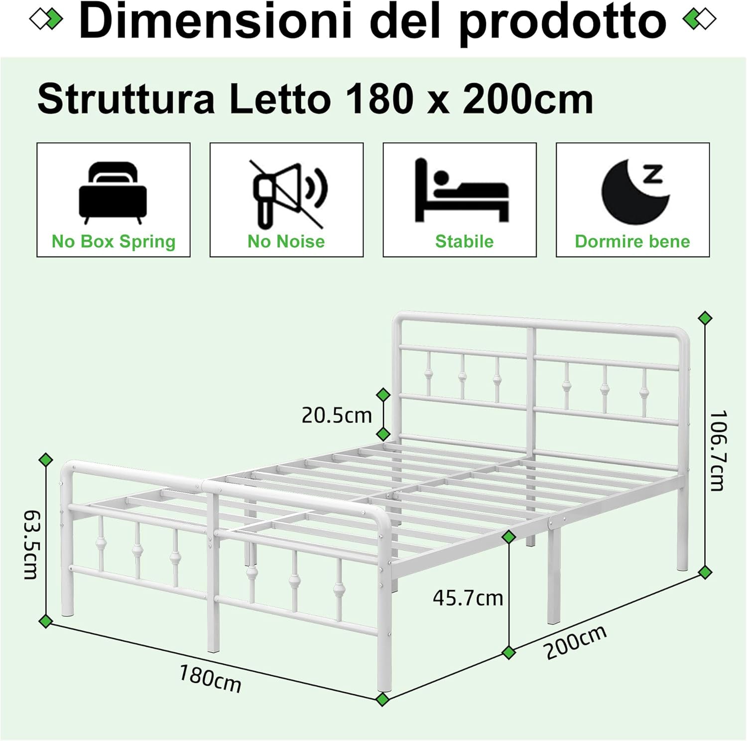 EMODA Letto in Metallo 180x200cm, Bianco - immagine 2