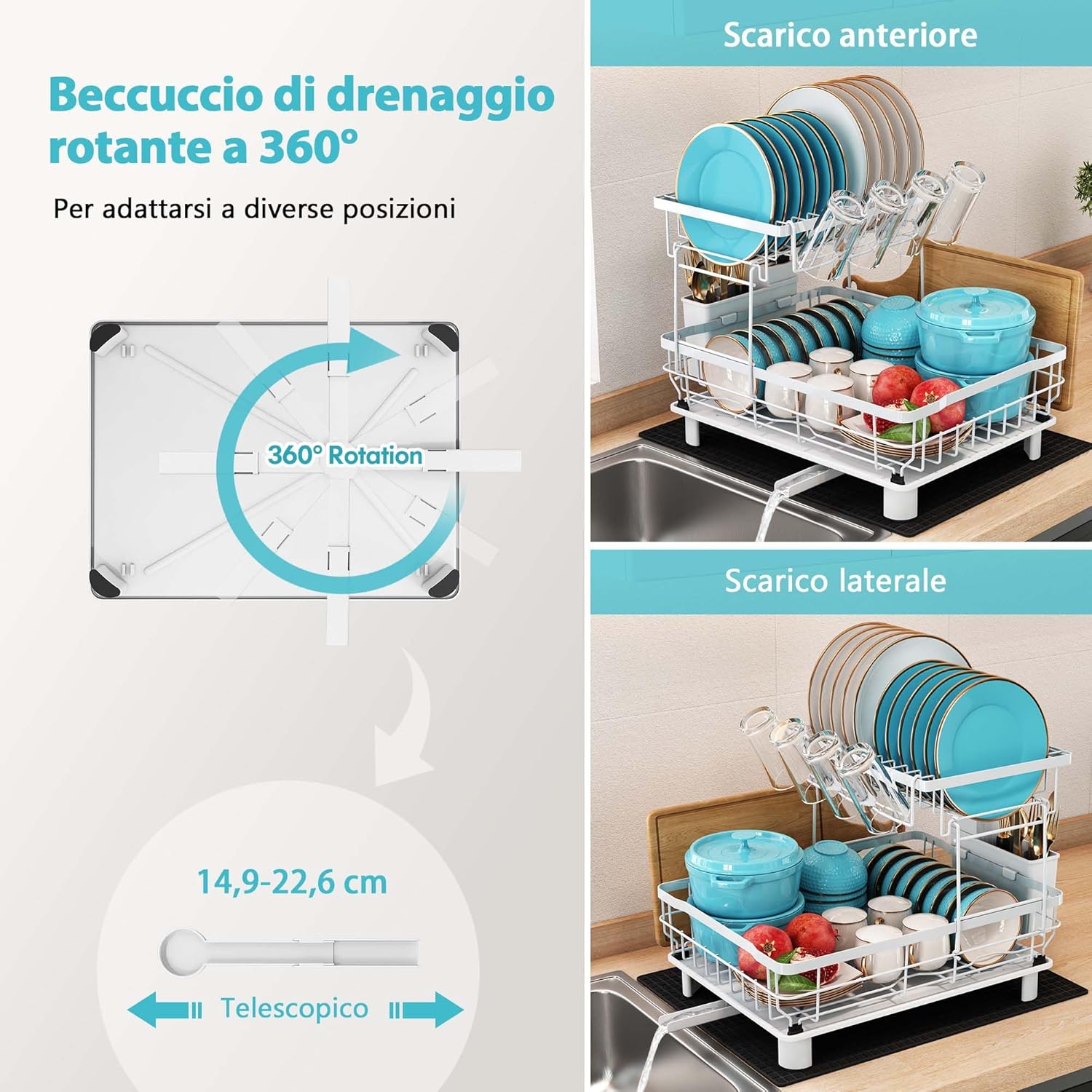 Majalis Scolapiatti da Appoggio 2 Livelli Acciaio Inox, Bianco - immagine 2