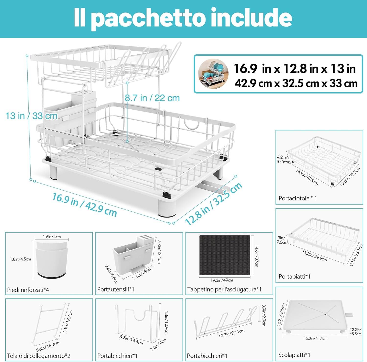 Majalis Scolapiatti da Appoggio 2 Livelli Acciaio Inox, Bianco - immagine 4