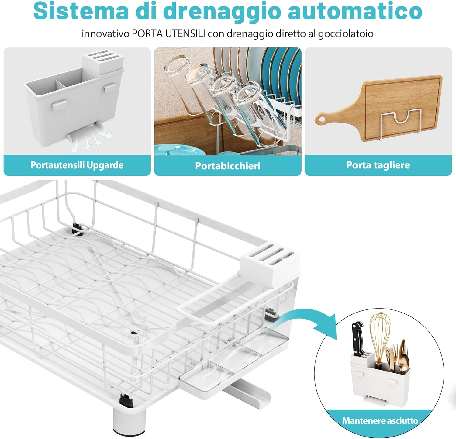 Majalis Scolapiatti da Appoggio 2 Livelli Acciaio Inox, Bianco - immagine 6
