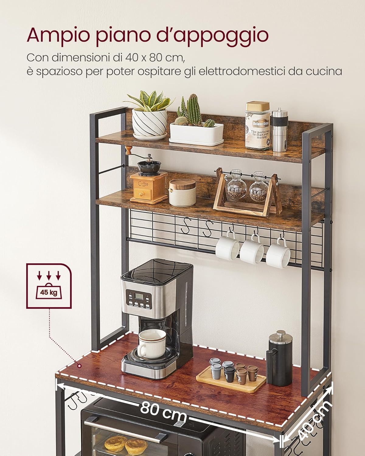Vasagle Scaffale Cucina con Multipresa, Marrone Vintage - immagine 7