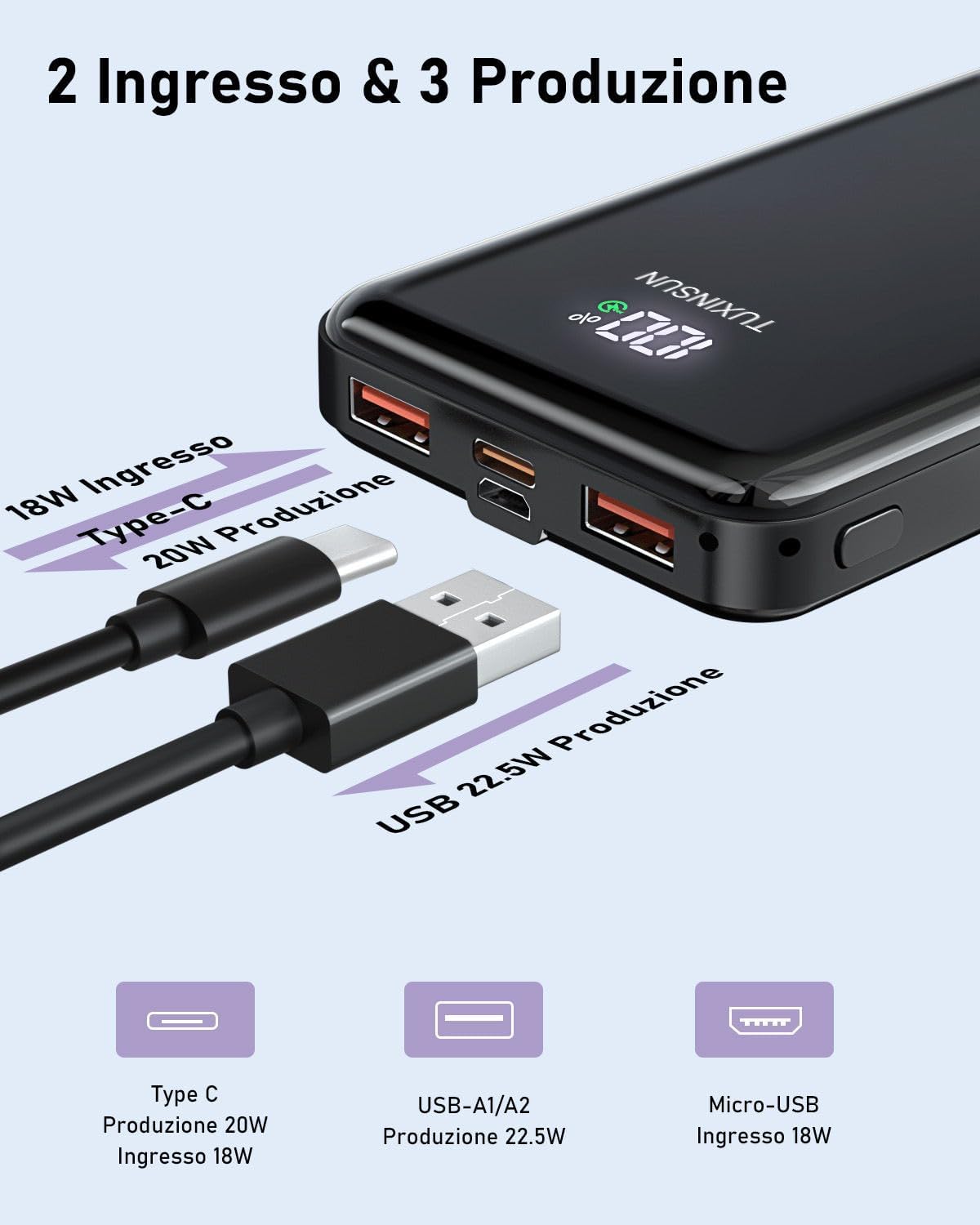 Power Bank 20000mAh PD3.0 QC4.0 22,5W - immagine 3