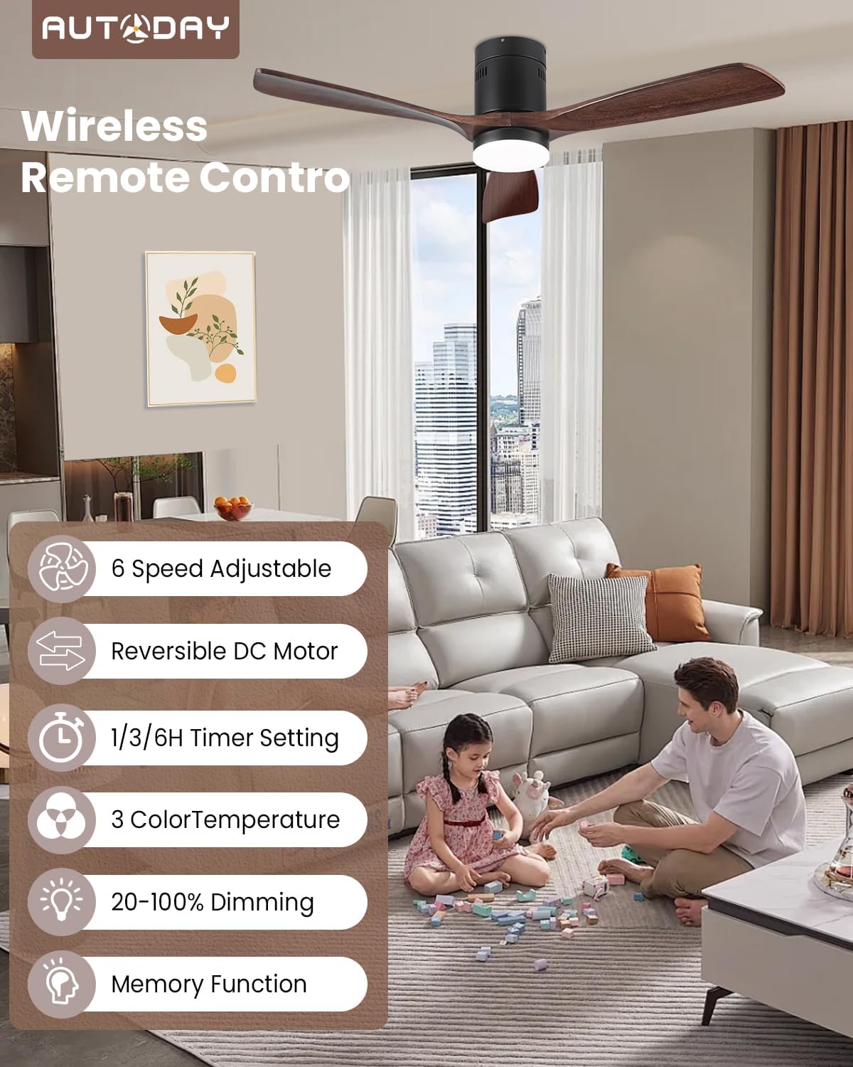 Ventilatore da Soffitto in Legno con Luce LED 132 cm - immagine 2