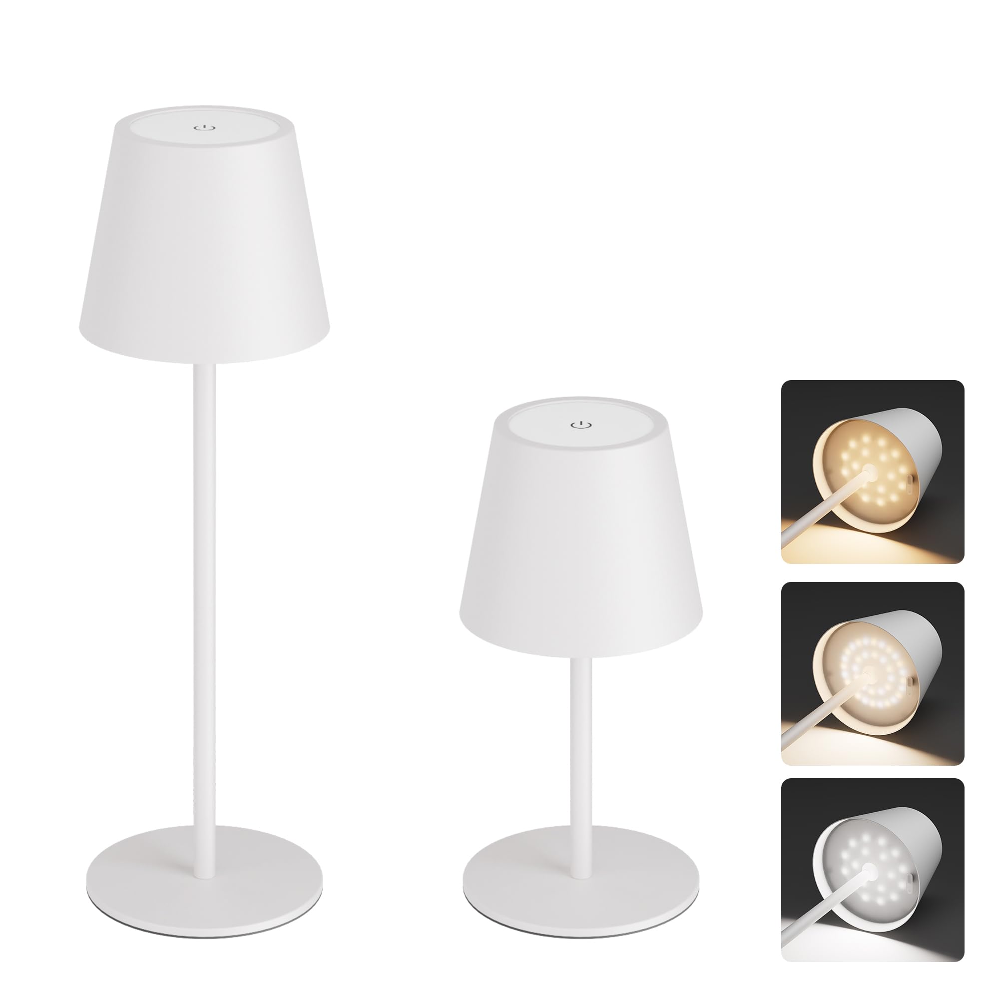 Aipsun Lampada da tavolo LED senza fili con touch Bianco 23/36,5cm, ricaricabile 5000mAh (5V 2A), 3W 2700/4000/6000K dimmerabile, Ferro, IP44 Interno/Esterno per camera da letto, ufficio (2 pezzi)