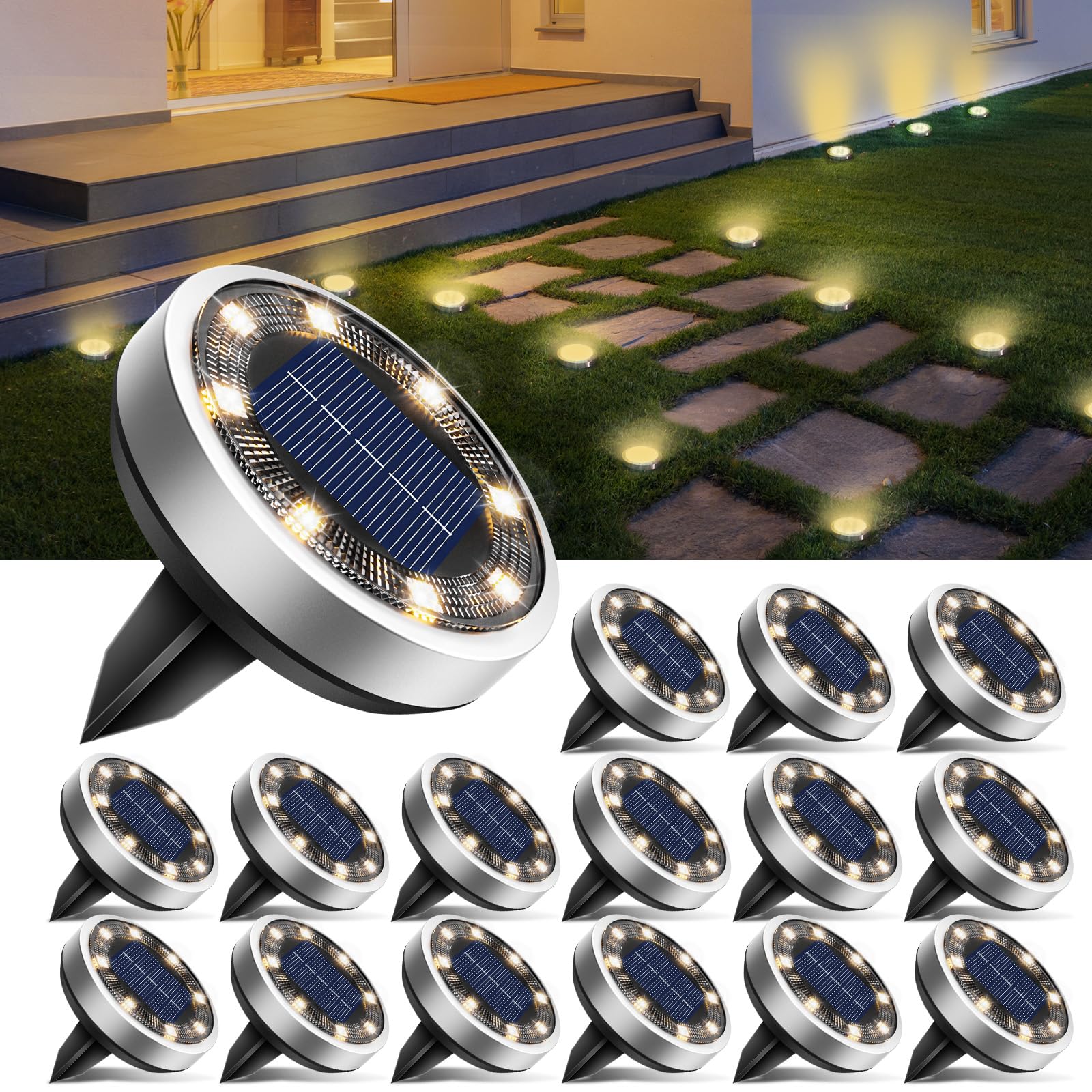 Btfarm 16 Pezzi Luci Solari da Giardino 8 LED, Bianco Caldo