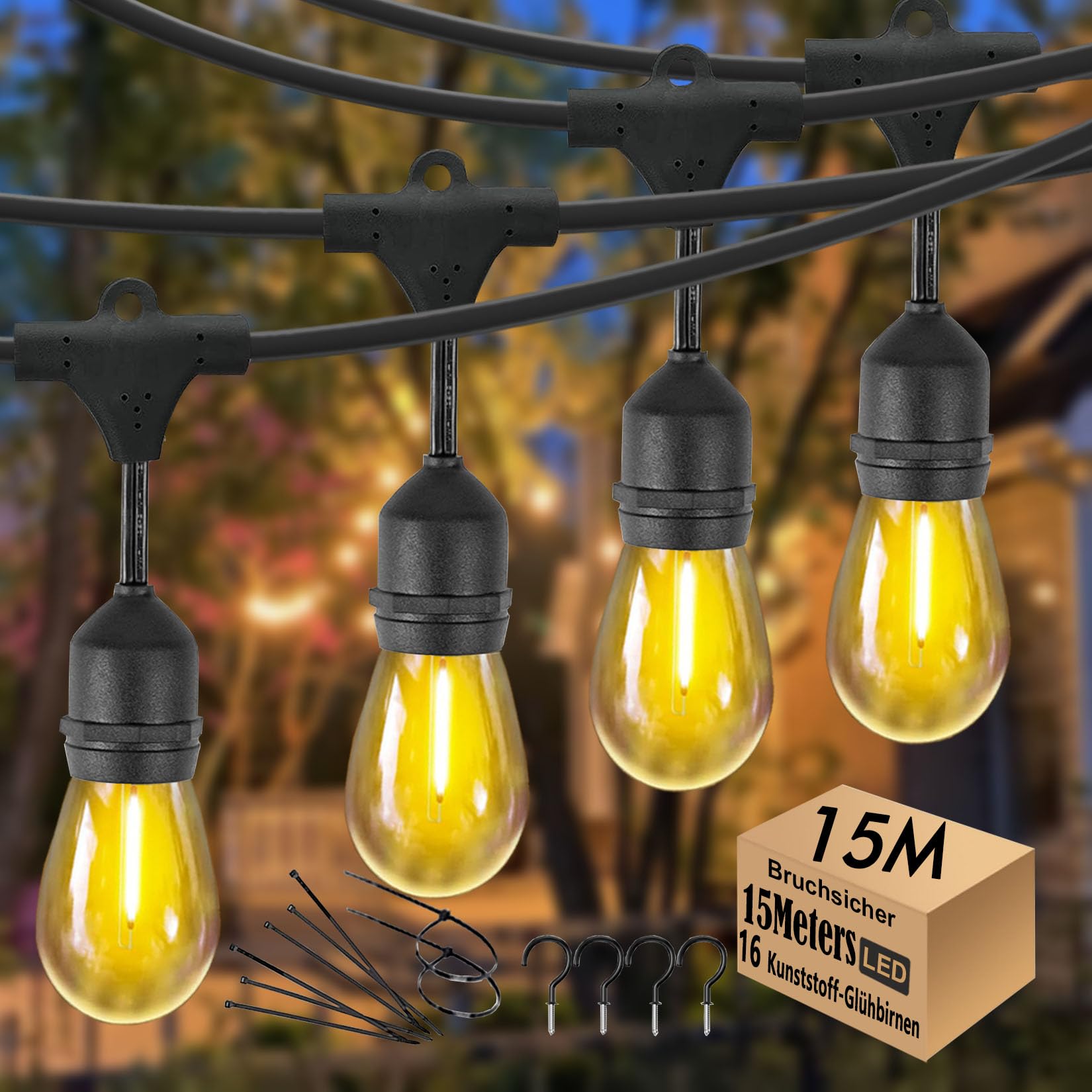 Catena luminosa a LED da 15 m, per esterni, impermeabile, IP65, con 15 + 1 lampadina E27, 2700 K, luce bianca calda, per giardino, terrazza, matrimoni [classe energetica G]