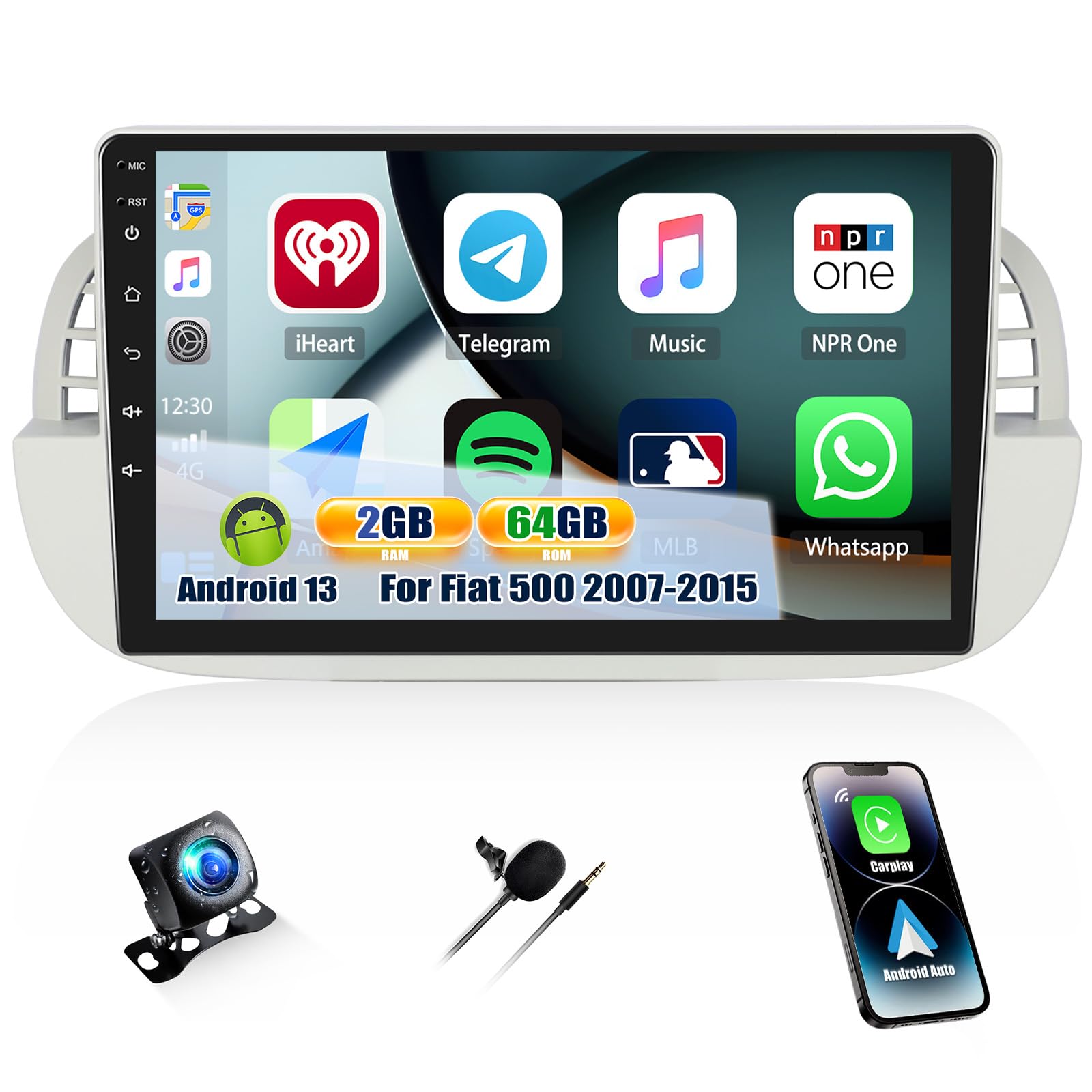 Camecho Autoradio Android 13 9" per Fiat 500 (2007-2015)