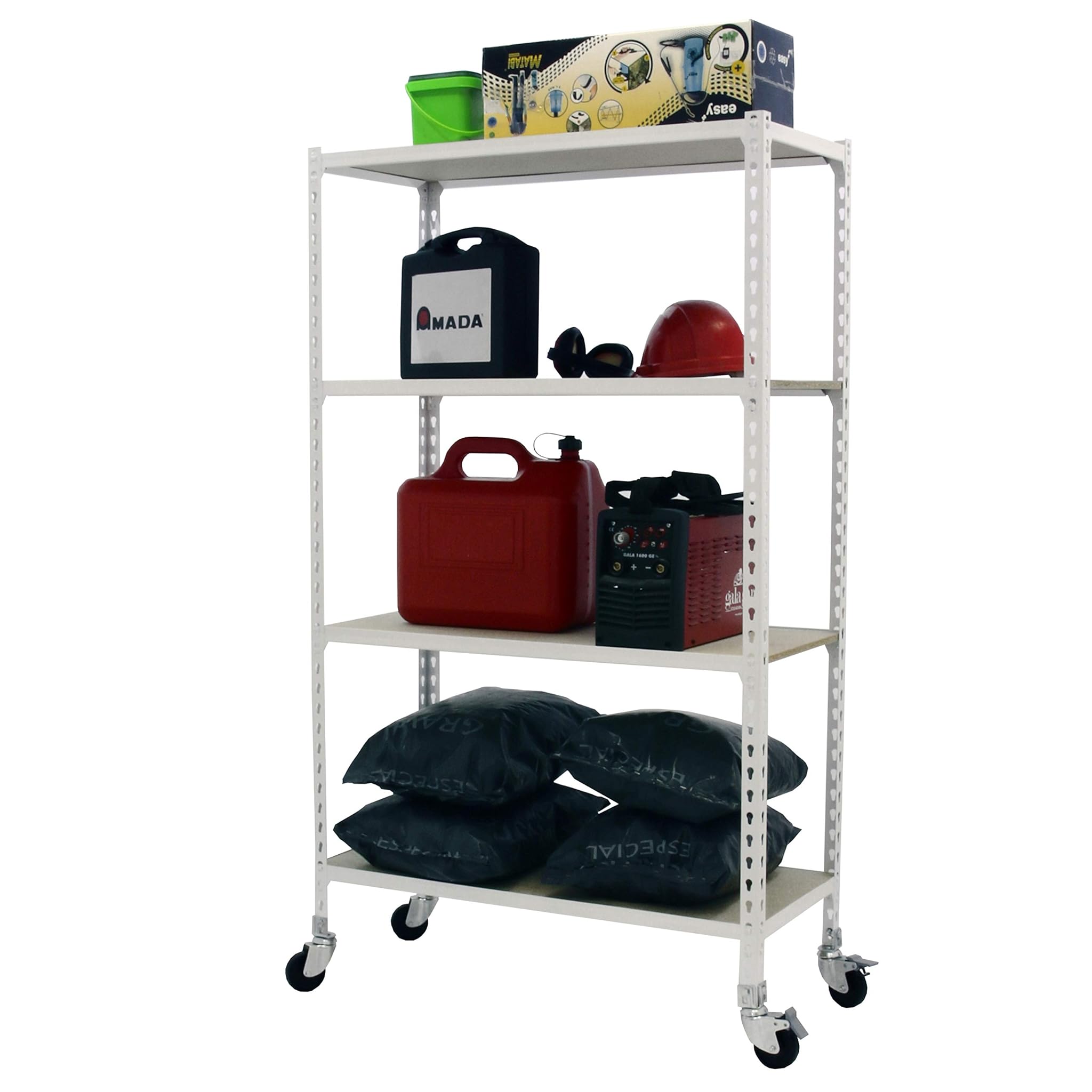 Simon Rack Scaffale Metallo Garage 4 Ripiani, Bianco/Legno