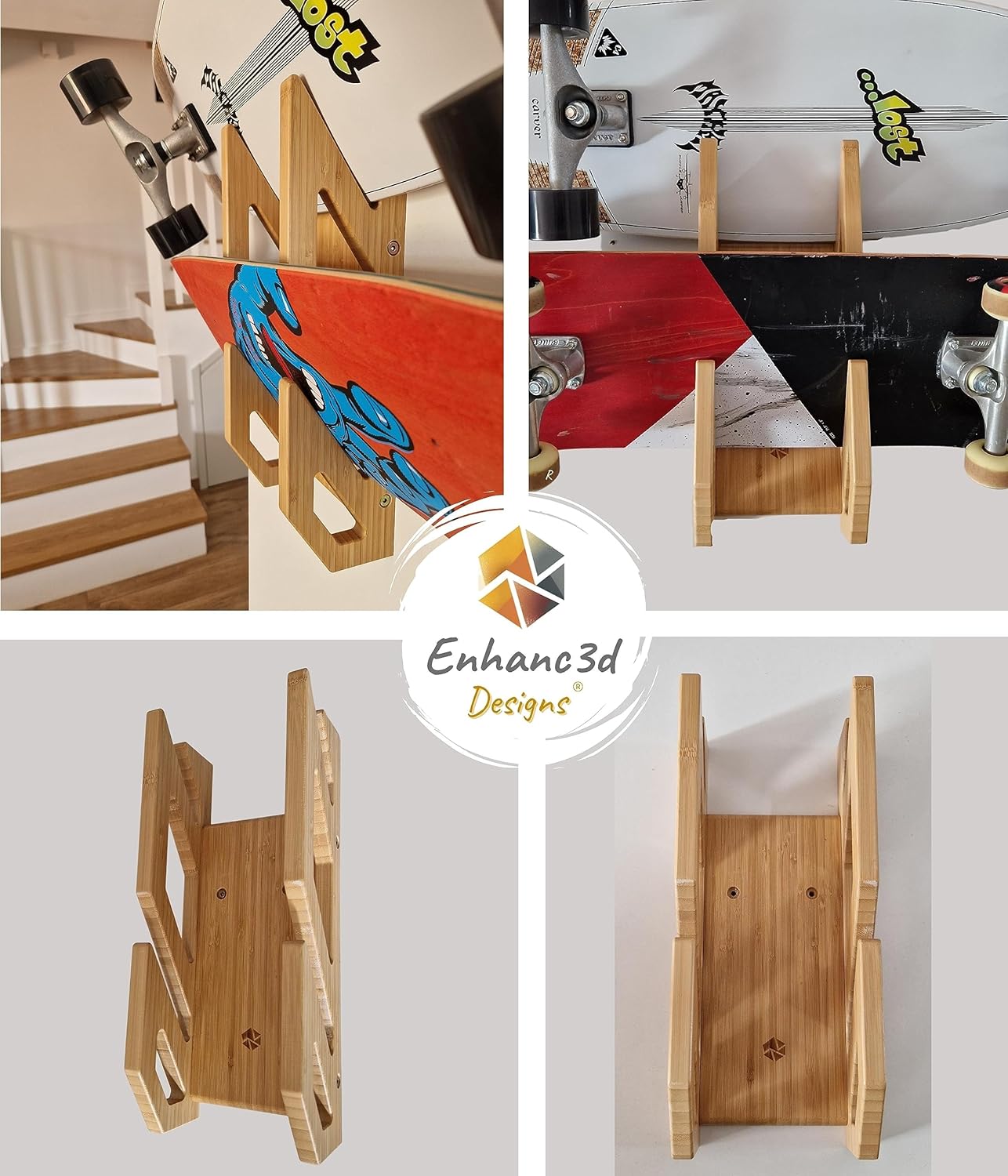 Enhanc3d Designs Supporto da Parete in Bambù per 2 Skateboard - immagine 3