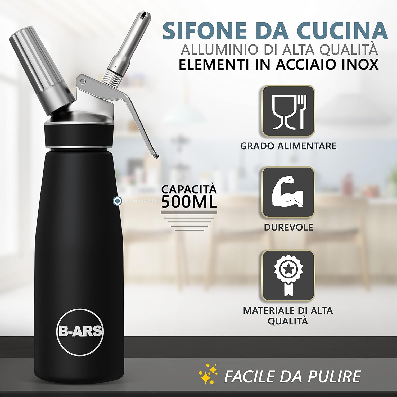 B-ARS Sifone da Cucina Professionale 500ML, Nero - immagine 2
