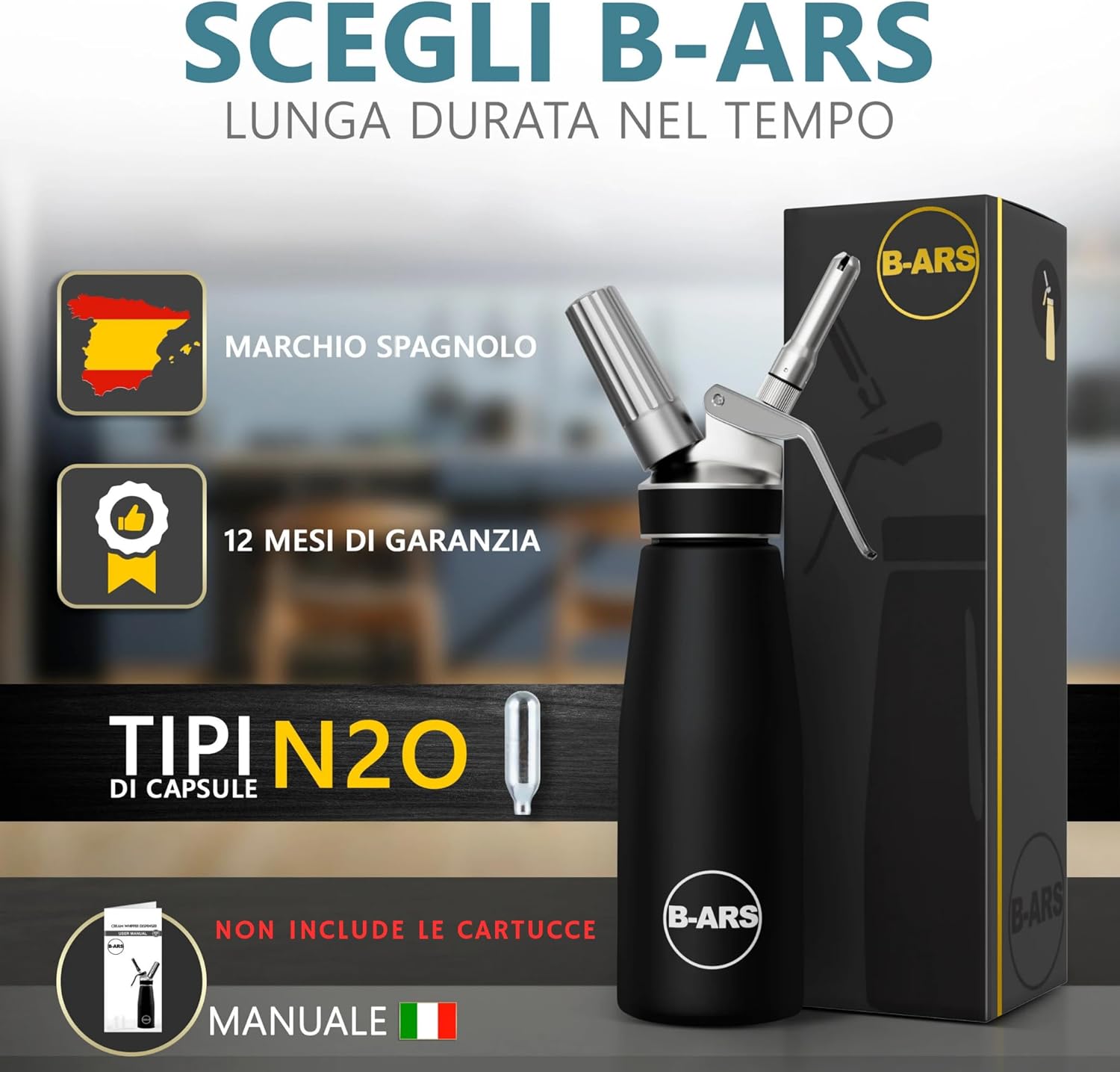 B-ARS Sifone da Cucina Professionale 500ML, Nero - immagine 4