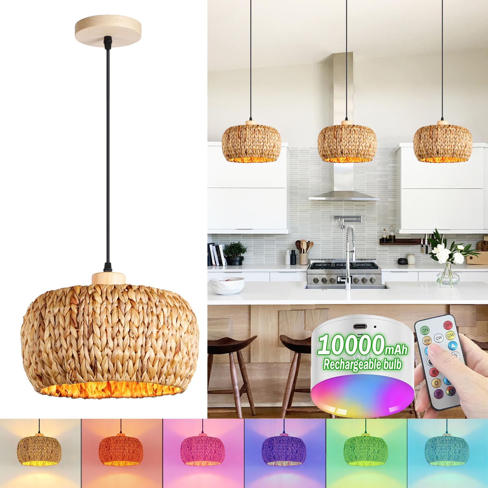 Boho Rattan E27 - Lampadario a Sospensione con Batteria