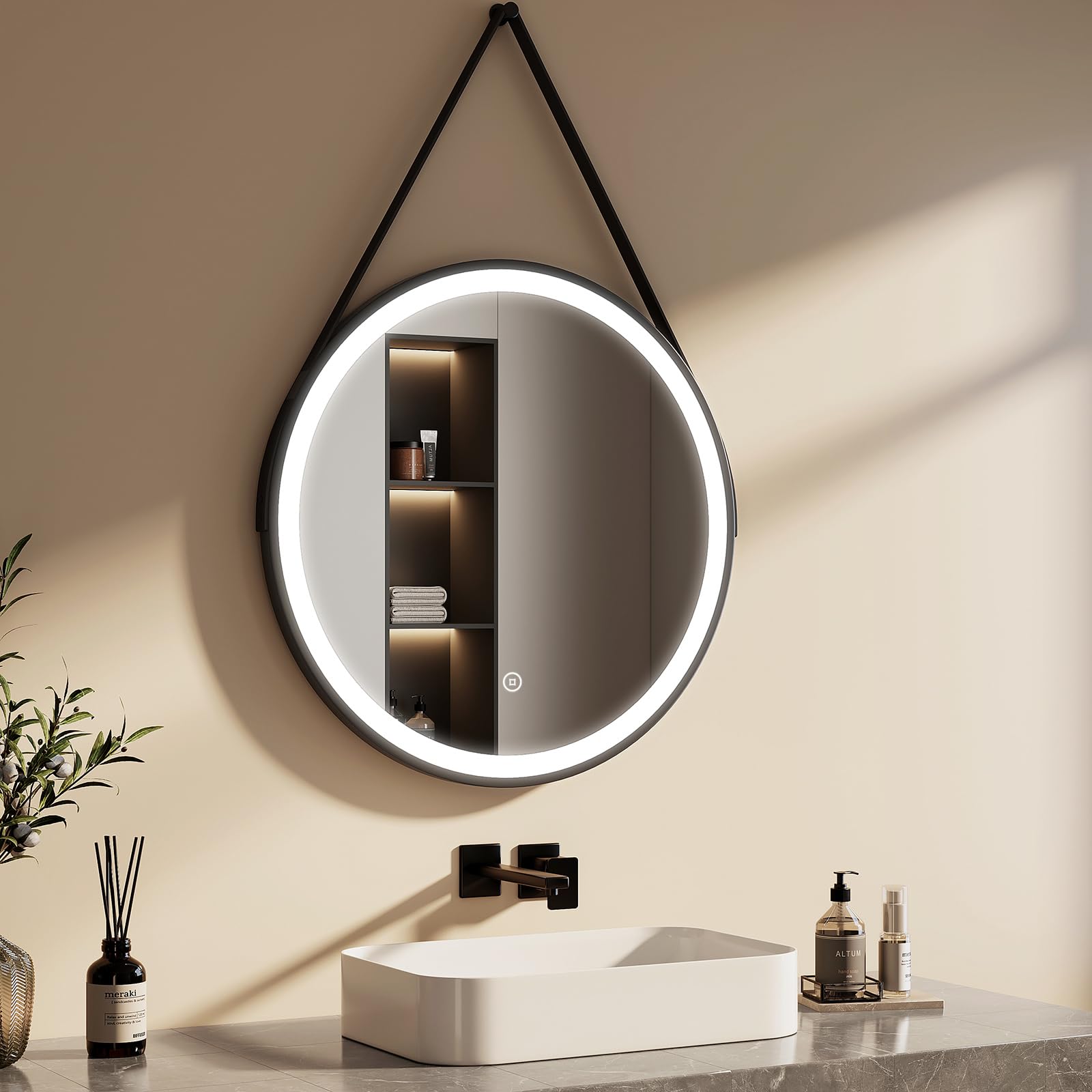 EMKE Specchio Bagno Rotondo con Luce 70 cm, Specchio Bagno LED Cornice Nera con Interruttore Tattile Luce Bianca Fredda 6500K (Tipo 3)