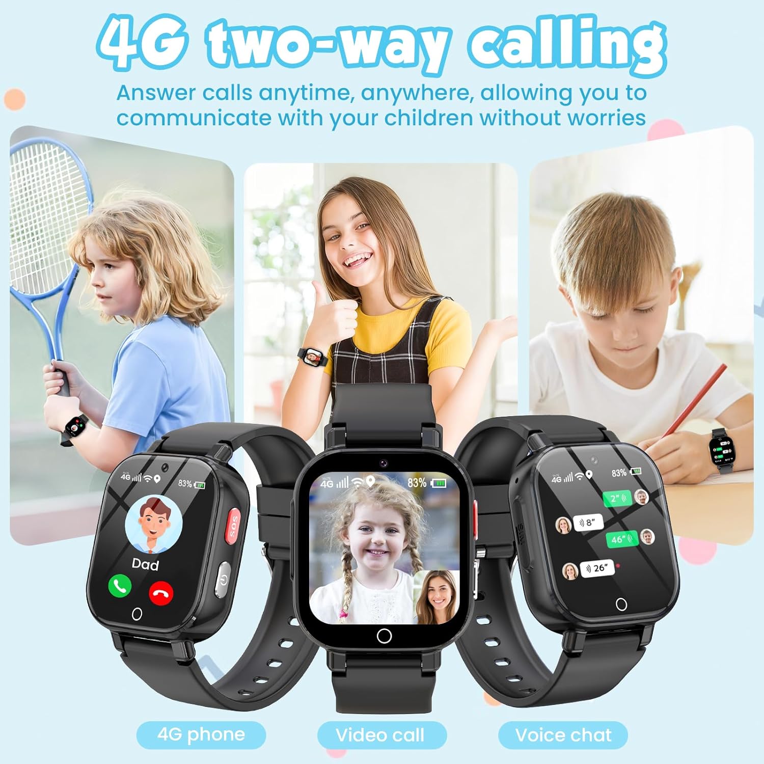 Smartwatch Bambini 4G con GPS e Telefono, Nero - immagine 4