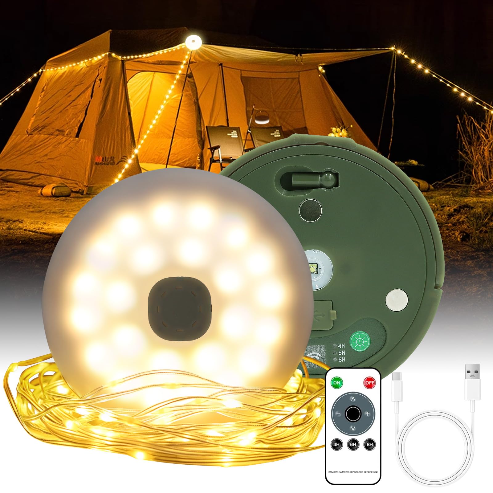 Liyade Luci fiabesche campeggio retrattili,10M 3-in-1 luci fiabesche portatili ricaricabili all'aperto con USB, 9 modalità di illuminazione 100 LED lampada da campeggio impermeabile torcia, giardino