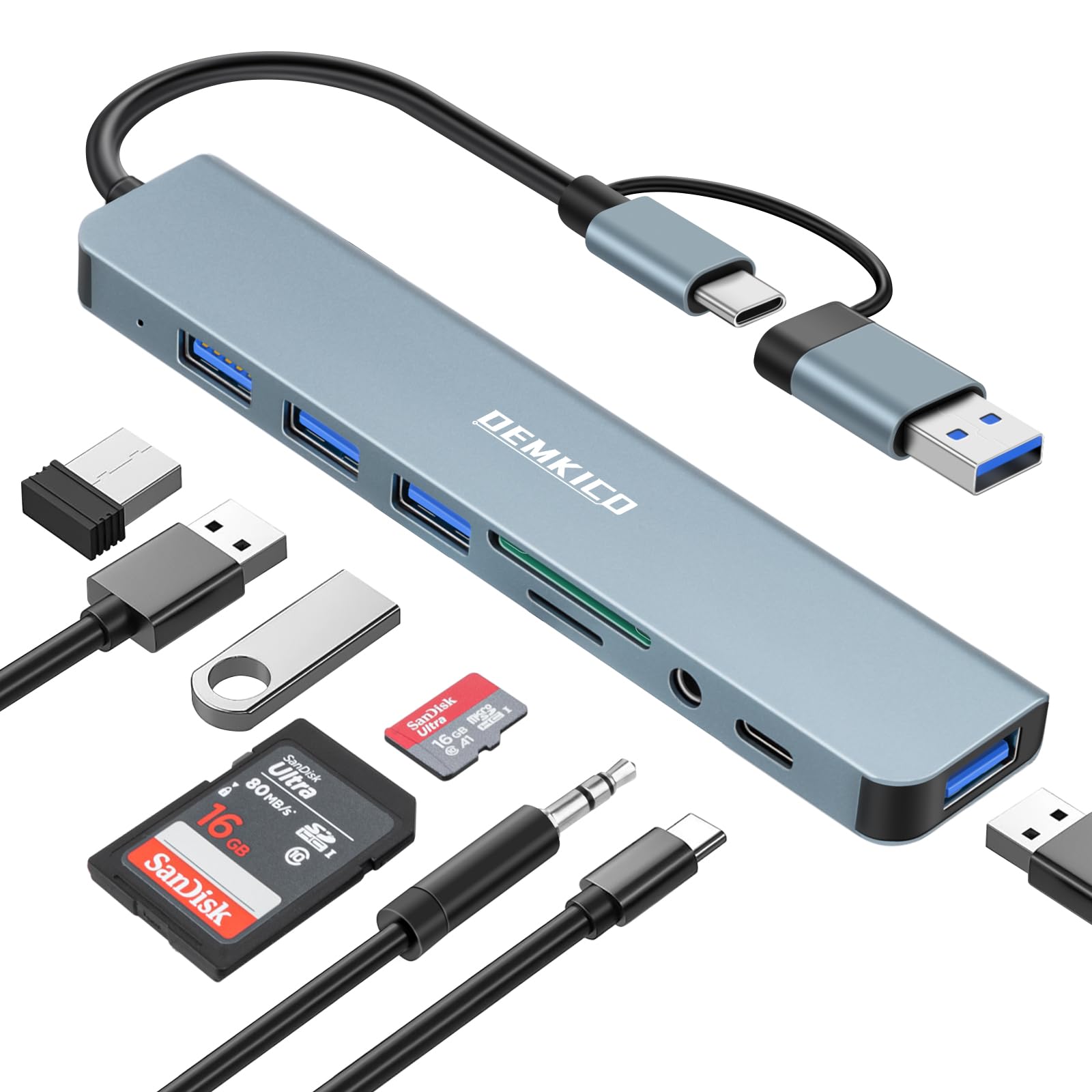 Hub USB C 8 in 1 con 4 Porte USB e Lettore Schede, Grigio