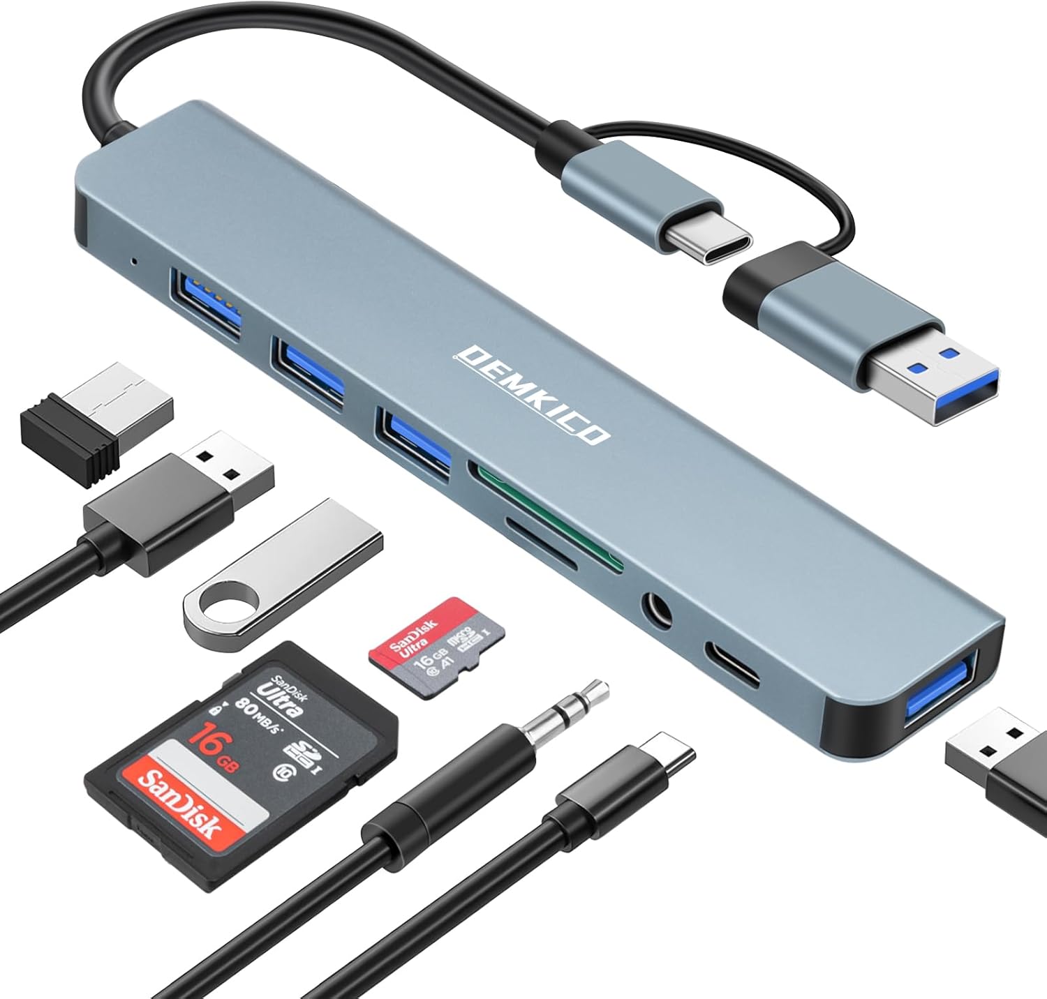 Hub USB C 8 in 1 con 4 Porte USB e Lettore Schede, Grigio - immagine 1