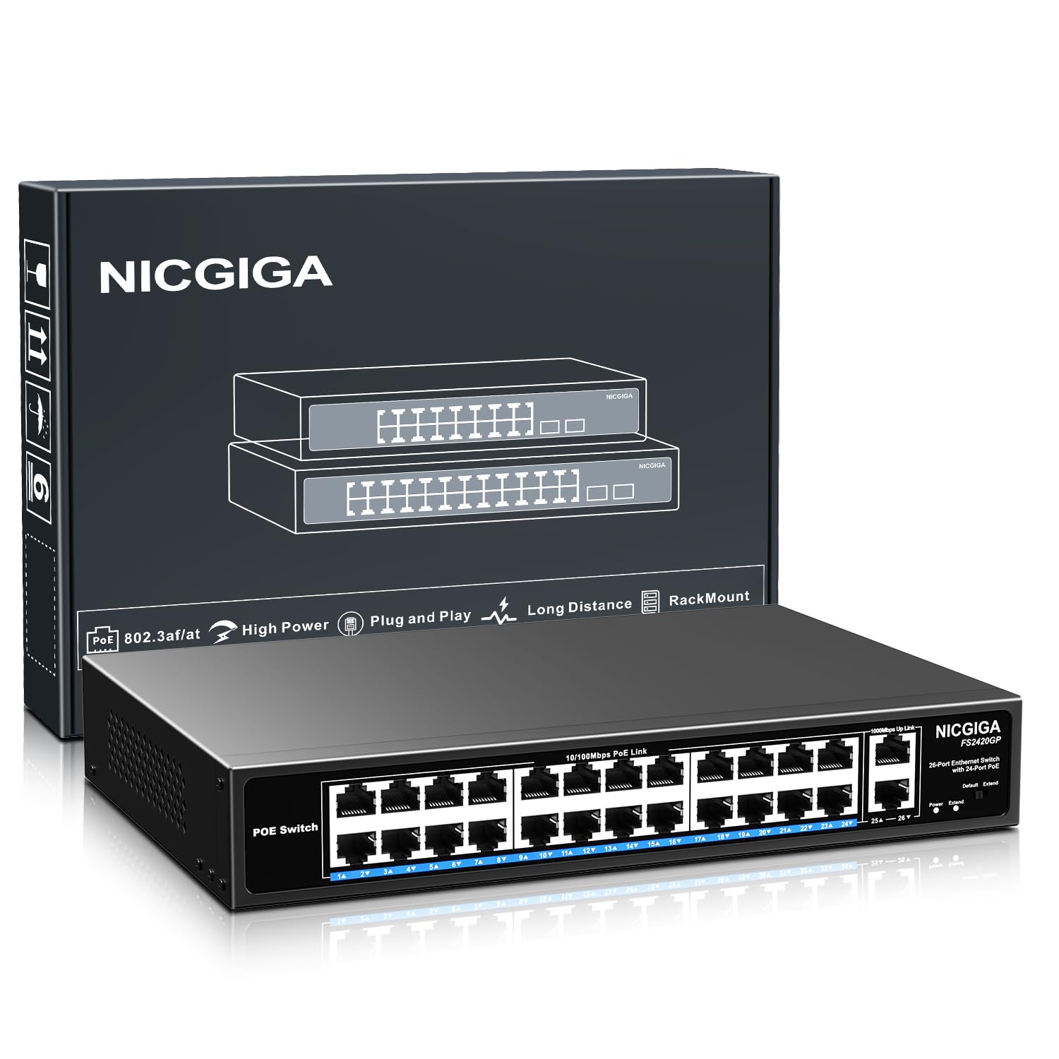 Nicgiga Switch PoE 24 Porte Non Gestito 400W