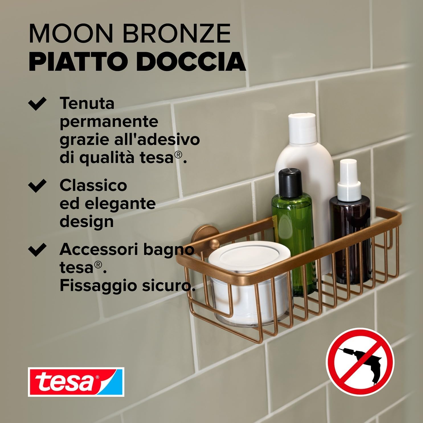 Tesa MOON Mensola Doccia Autoadesiva Bronzo Spazzolato - immagine 2