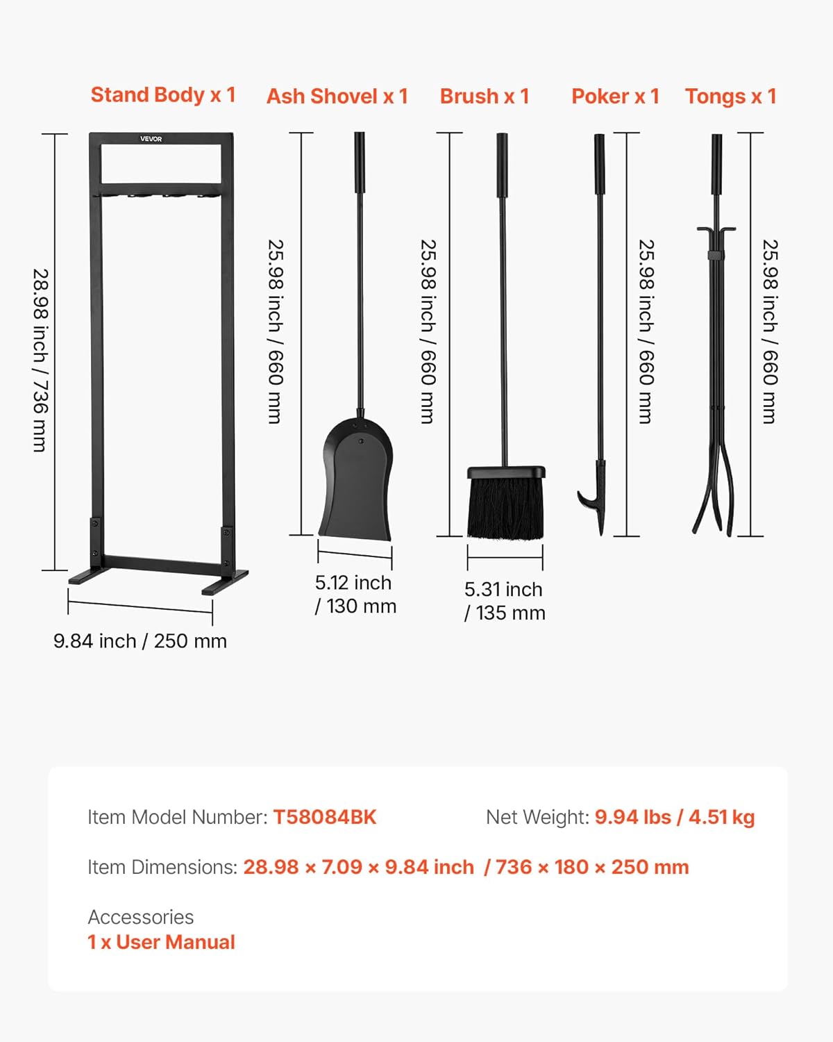 VEVOR Set Attrezzi per Camino 5 Pezzi, Nero - immagine 7