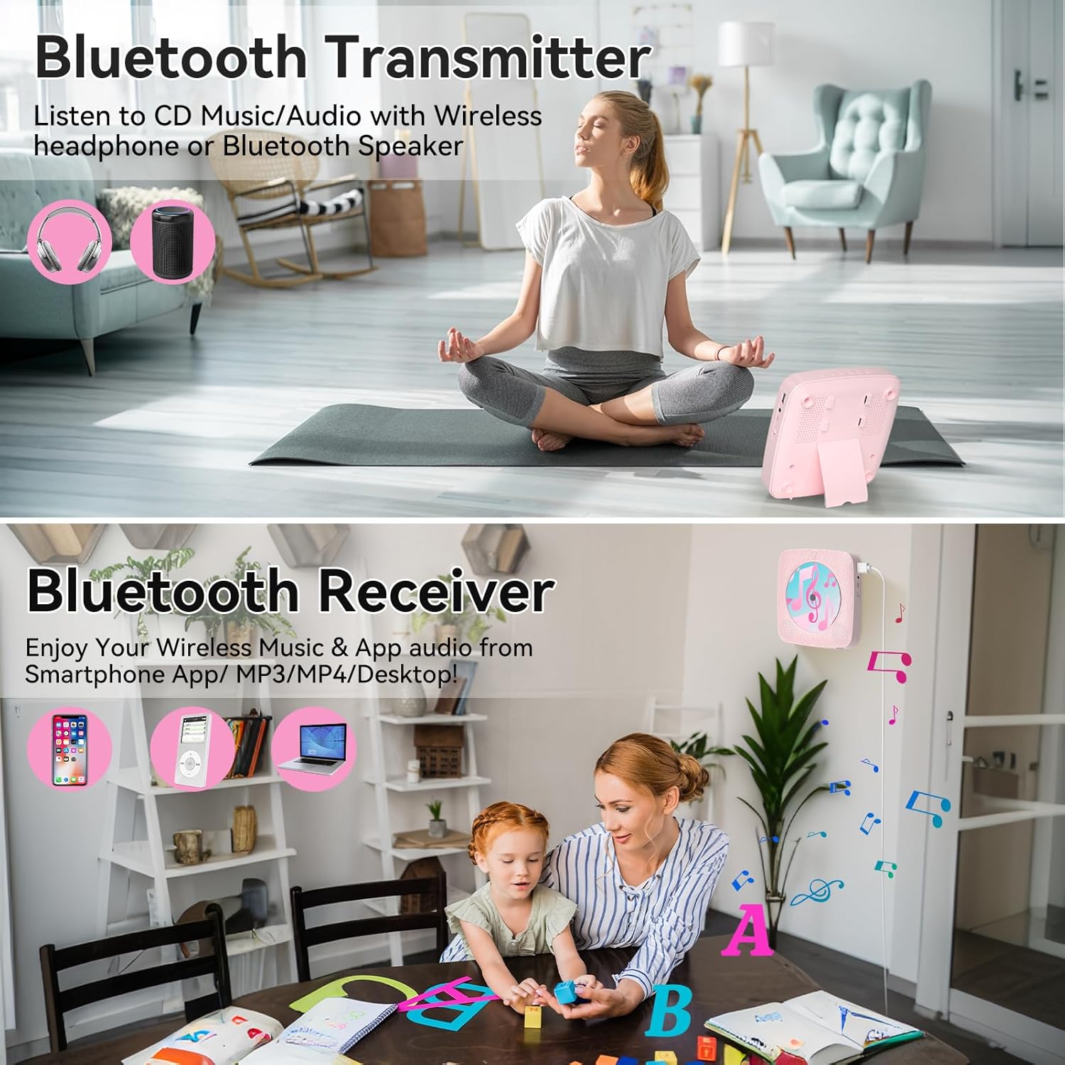 Kegaudio Lettore CD Portatile Bluetooth con Altoparlante, Rosa - immagine 3