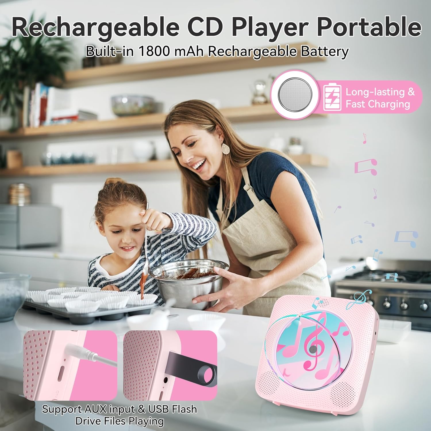 Kegaudio Lettore CD Portatile Bluetooth con Altoparlante, Rosa - immagine 6