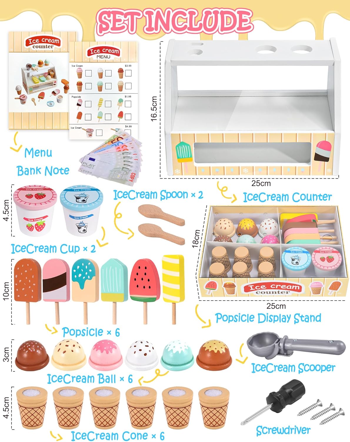 Atoylink Gioco Gelateria in Legno per Bambini, Giallo - immagine 2