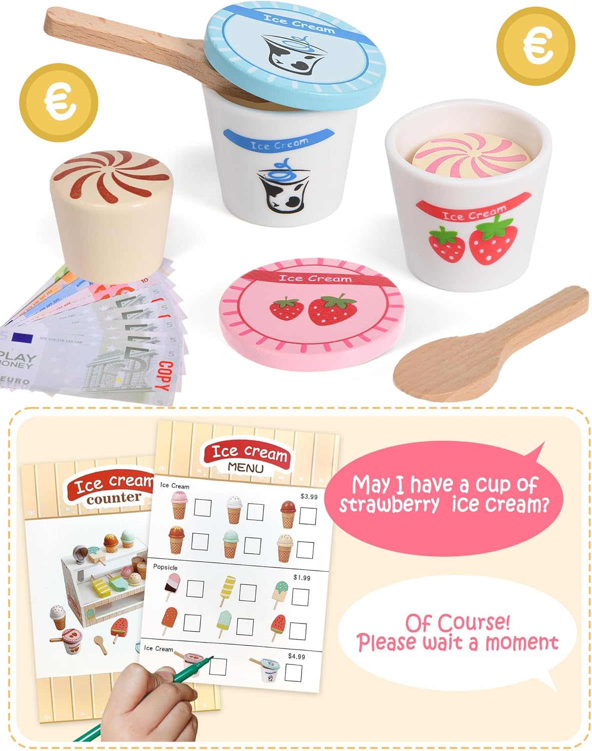 Atoylink Gioco Gelateria in Legno per Bambini, Giallo - immagine 3
