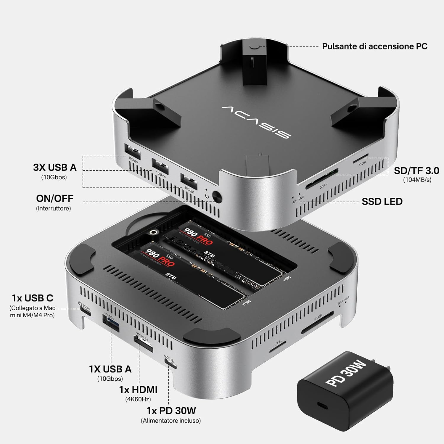 Acasis Mac mini M4 Dock & Stand con Doppio Bay NVMe SSD - immagine 2