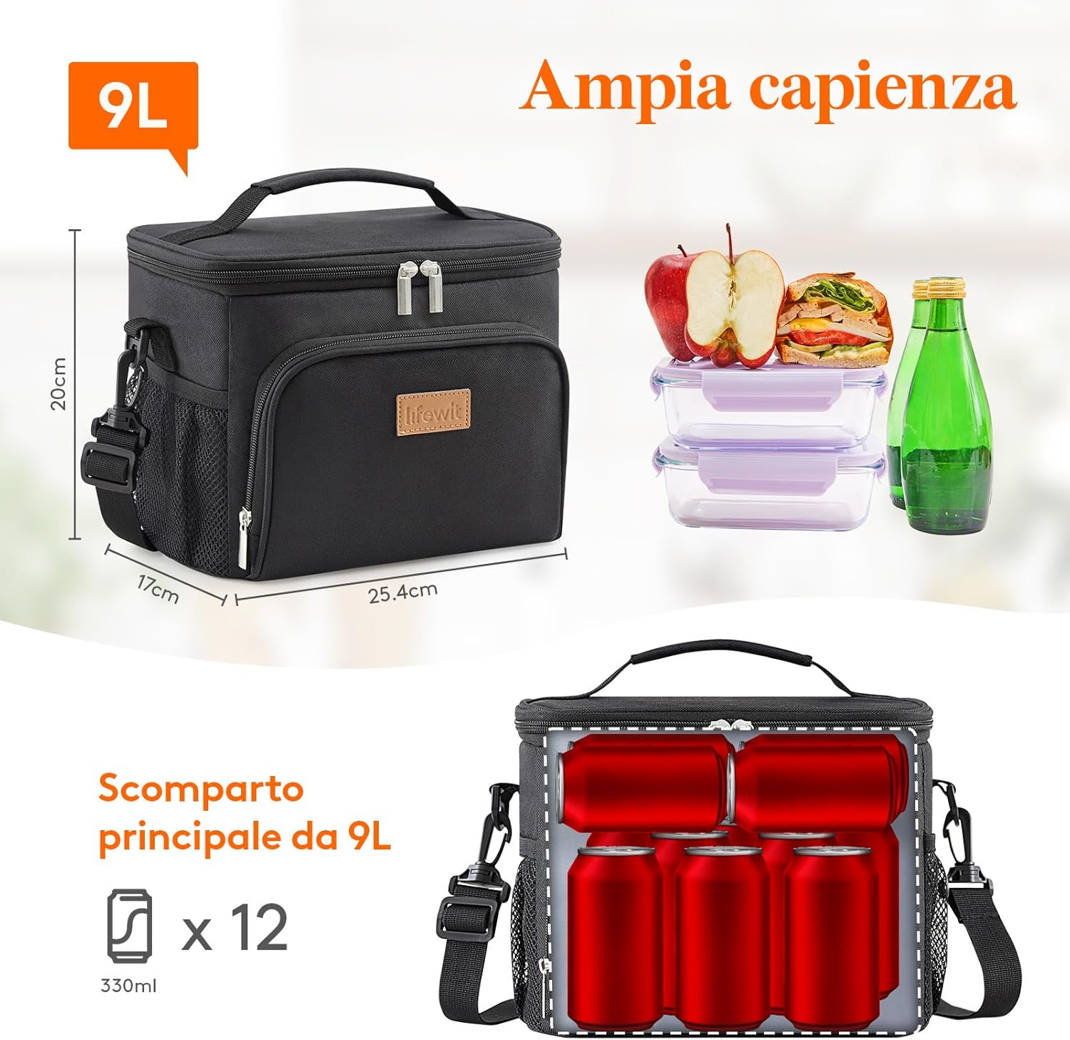 Lifewit Borsa Termica Porta Pranzo 9L, Nero - immagine 3