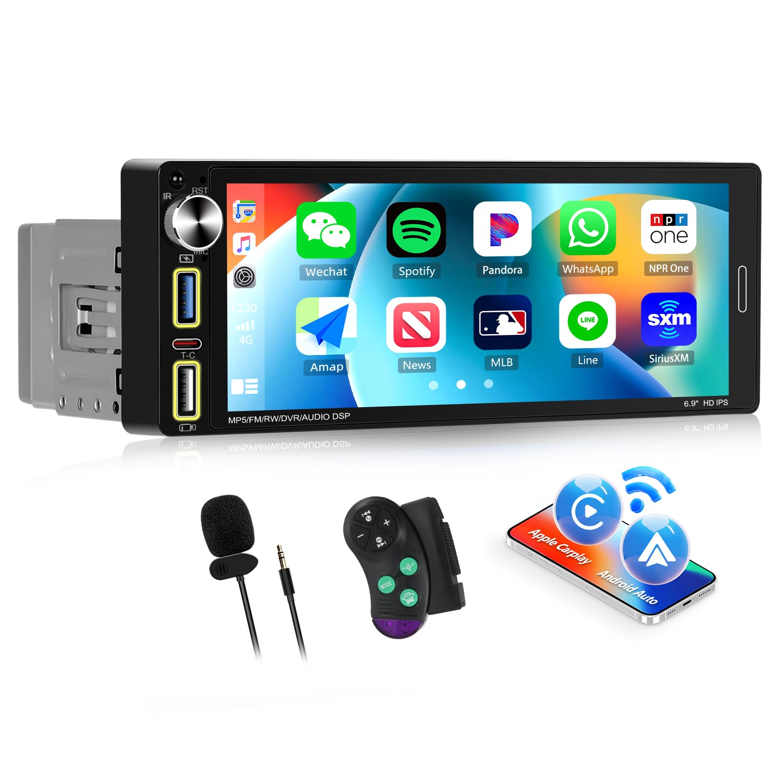 Sixwin Autoradio Bluetooth 1 Din con Carplay Android Auto