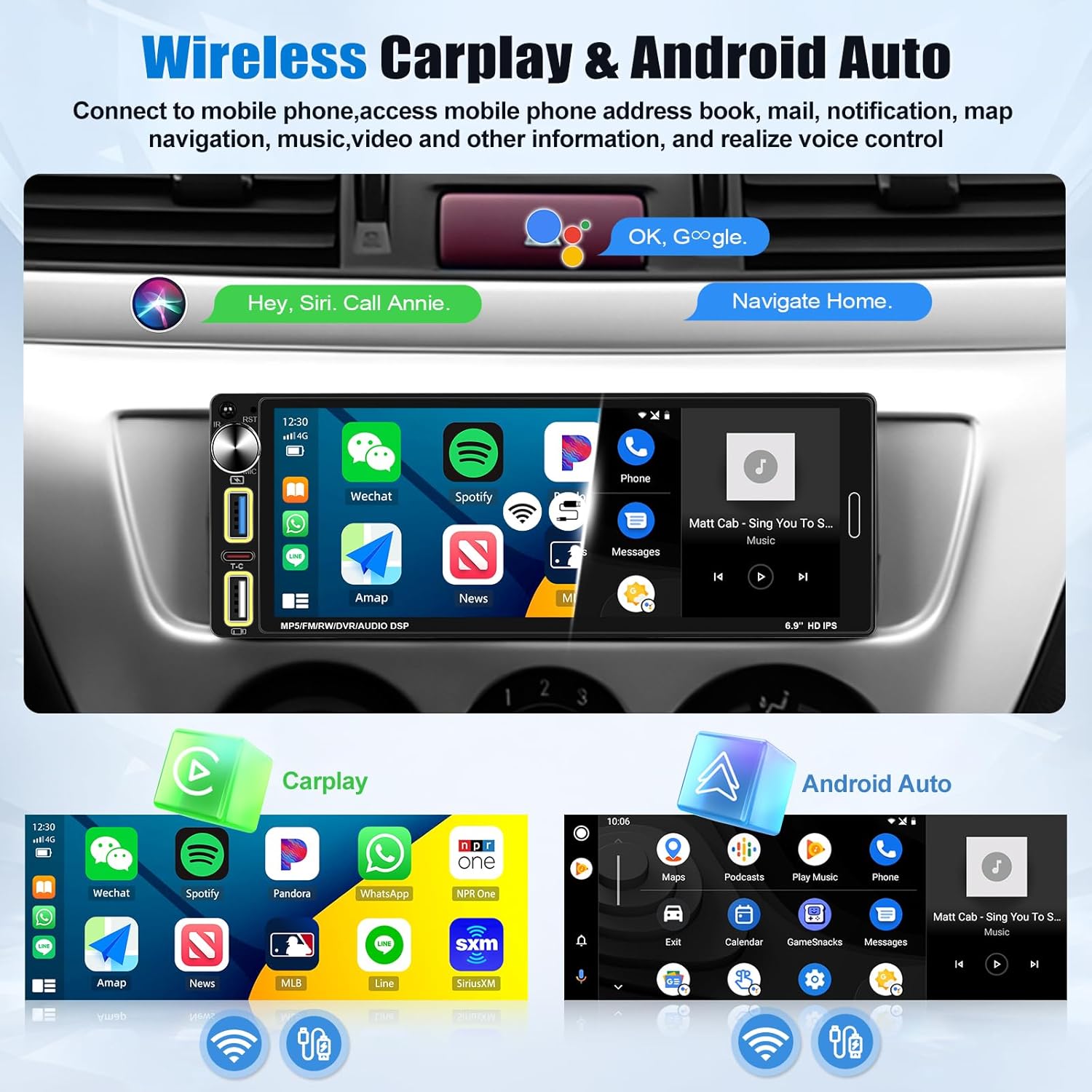 Sixwin Autoradio Bluetooth 1 Din con Carplay Android Auto - immagine 2
