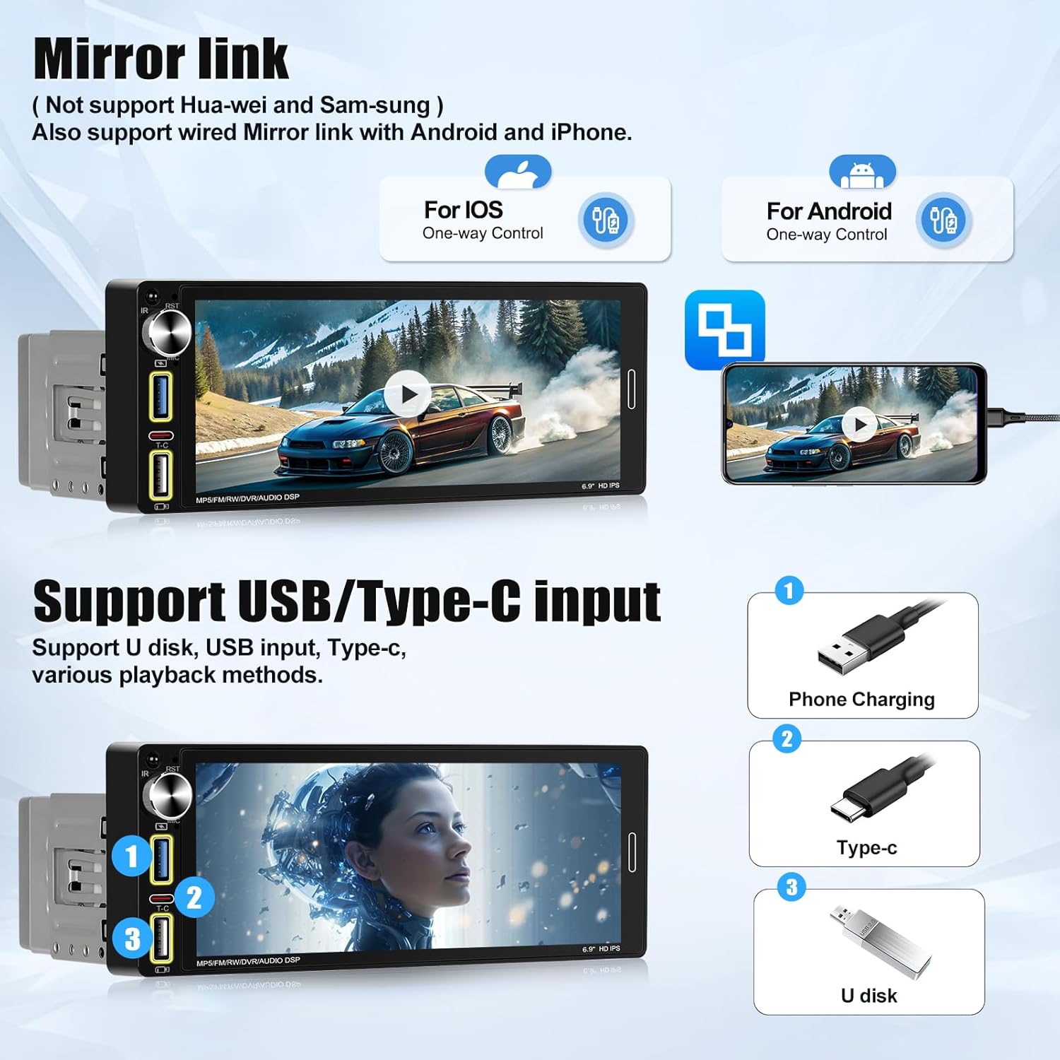 Sixwin Autoradio Bluetooth 1 Din con Carplay Android Auto - immagine 3