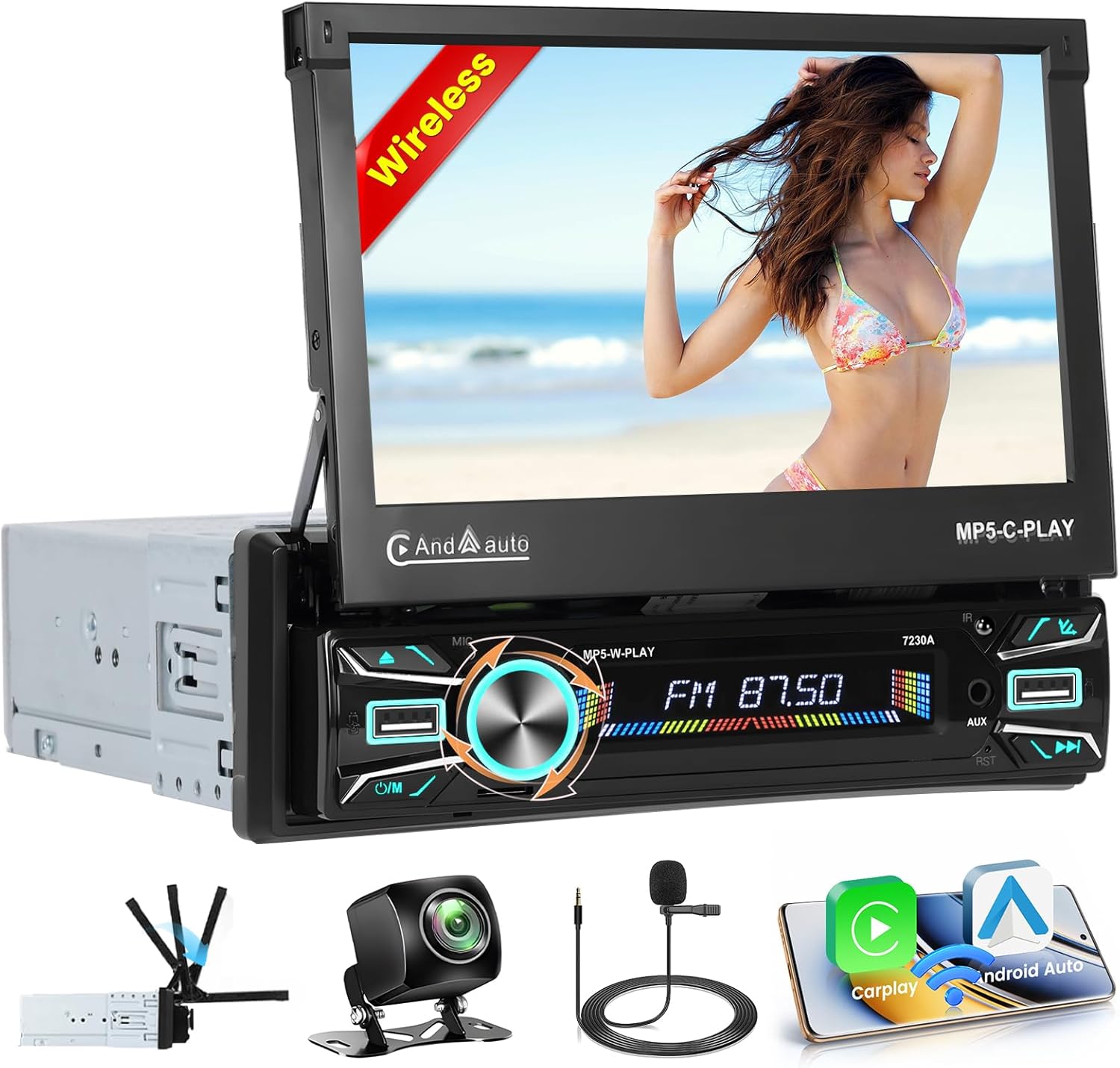 Hikity Autoradio Android 13 7'' Flip Out 1 Din - immagine 1