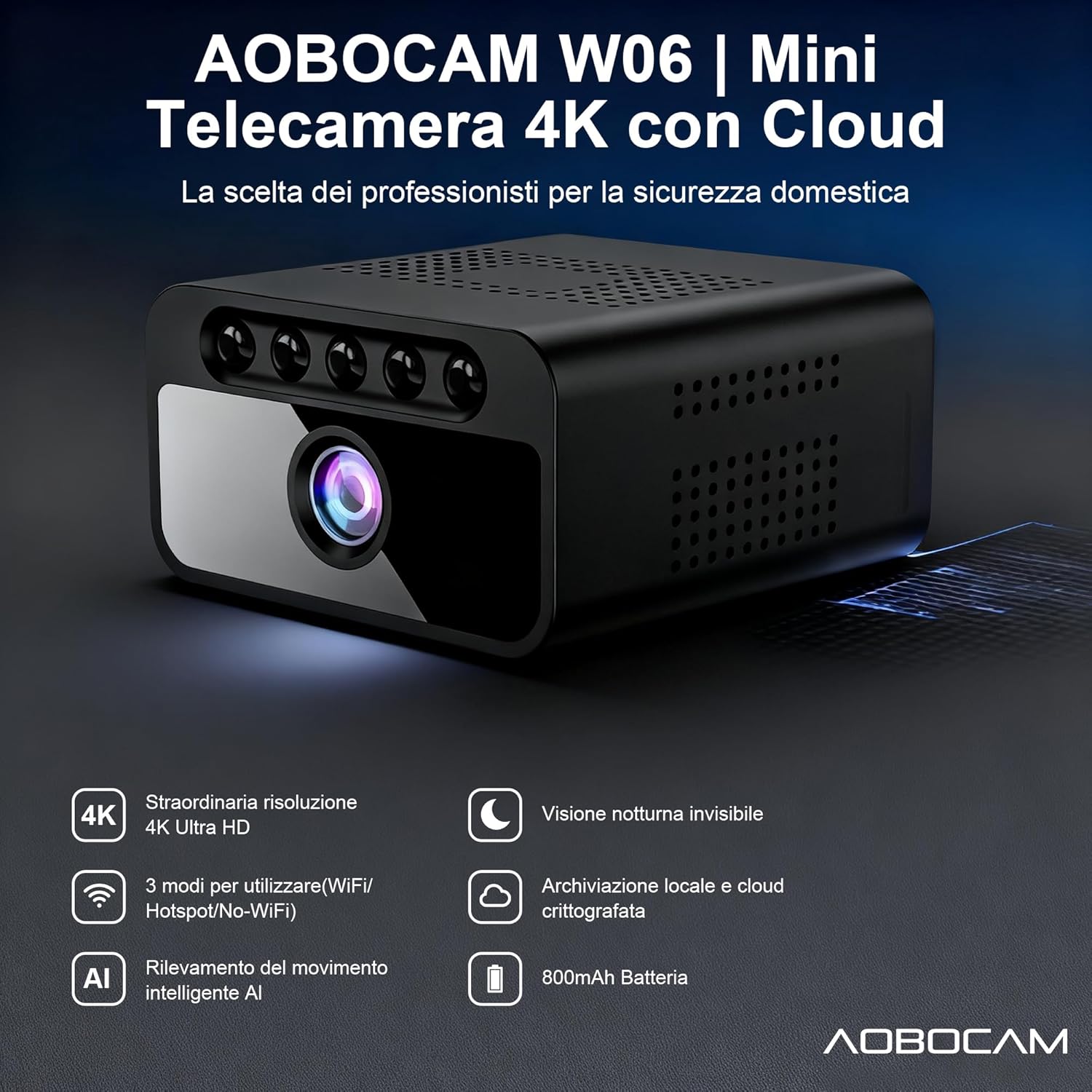 Mini Telecamera WiFi Interna 4K con Visione Notturna, Black - immagine 2