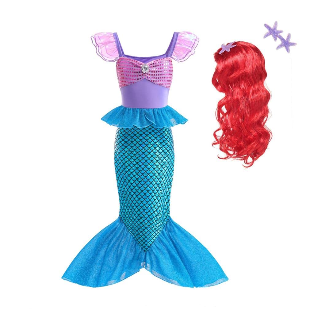 Lito Angels Costume da Sirenetta Vestito Principessa Ariel Sirena con Parrucca per Bambina Taglia 2 a 9 Anni, Viola Blu