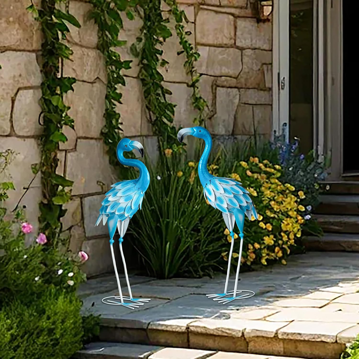 2 Statue Artistiche Fenicottero Blu in Metallo - immagine 2