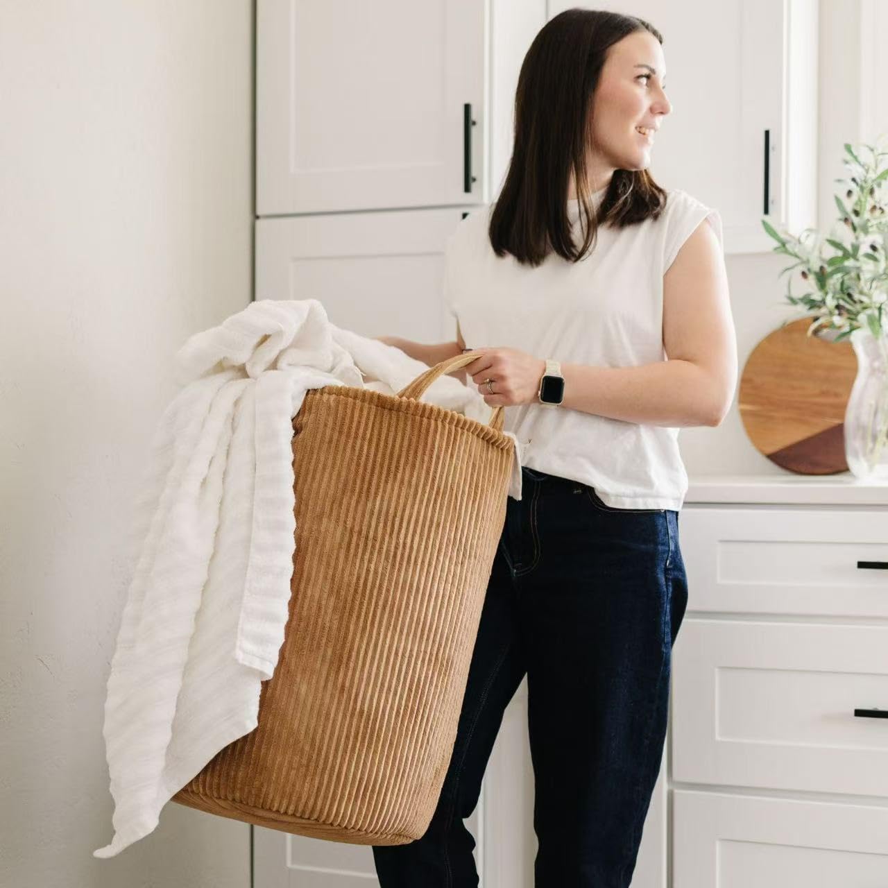 Cesto portaoggetti XL marrone, 40,6 x 55,6 cm, cestino per coperte per soggiorno, grande cesto per giocattoli, in tessuto a strisce di velluto, cestini decorativi per la cameretta dei bambini