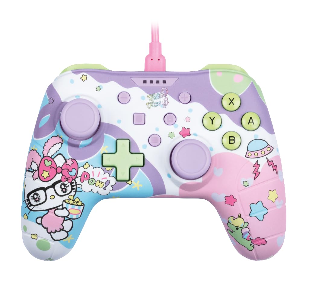 Konix Hello Kitty Controller con cavo per Nintendo Switch, Switch 2 e PC - Funzione vibrazione - Cavo da 3m - Viola e rosa