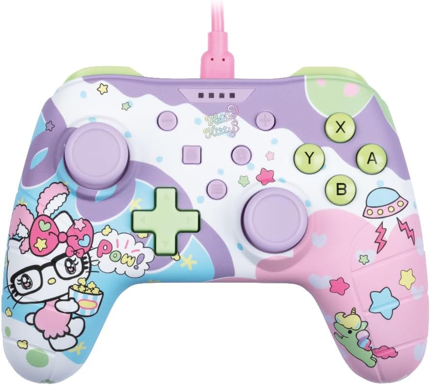 Konix Hello Kitty Controller con cavo per Nintendo Switch, Switch 2 e PC - Funzione vibrazione - Cavo da 3m - Viola e rosa - immagine 1