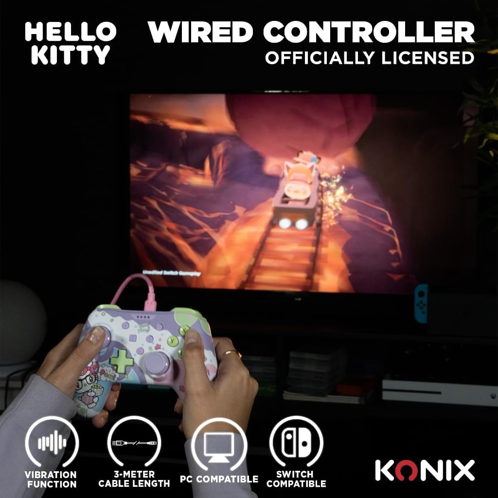 Konix Hello Kitty Controller con cavo per Nintendo Switch, Switch 2 e PC - Funzione vibrazione - Cavo da 3m - Viola e rosa - immagine 3