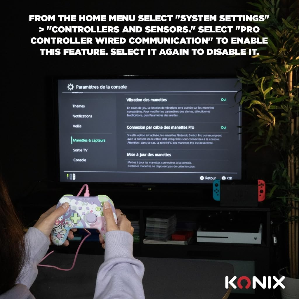 Konix Hello Kitty Controller con cavo per Nintendo Switch, Switch 2 e PC - Funzione vibrazione - Cavo da 3m - Viola e rosa - immagine 4