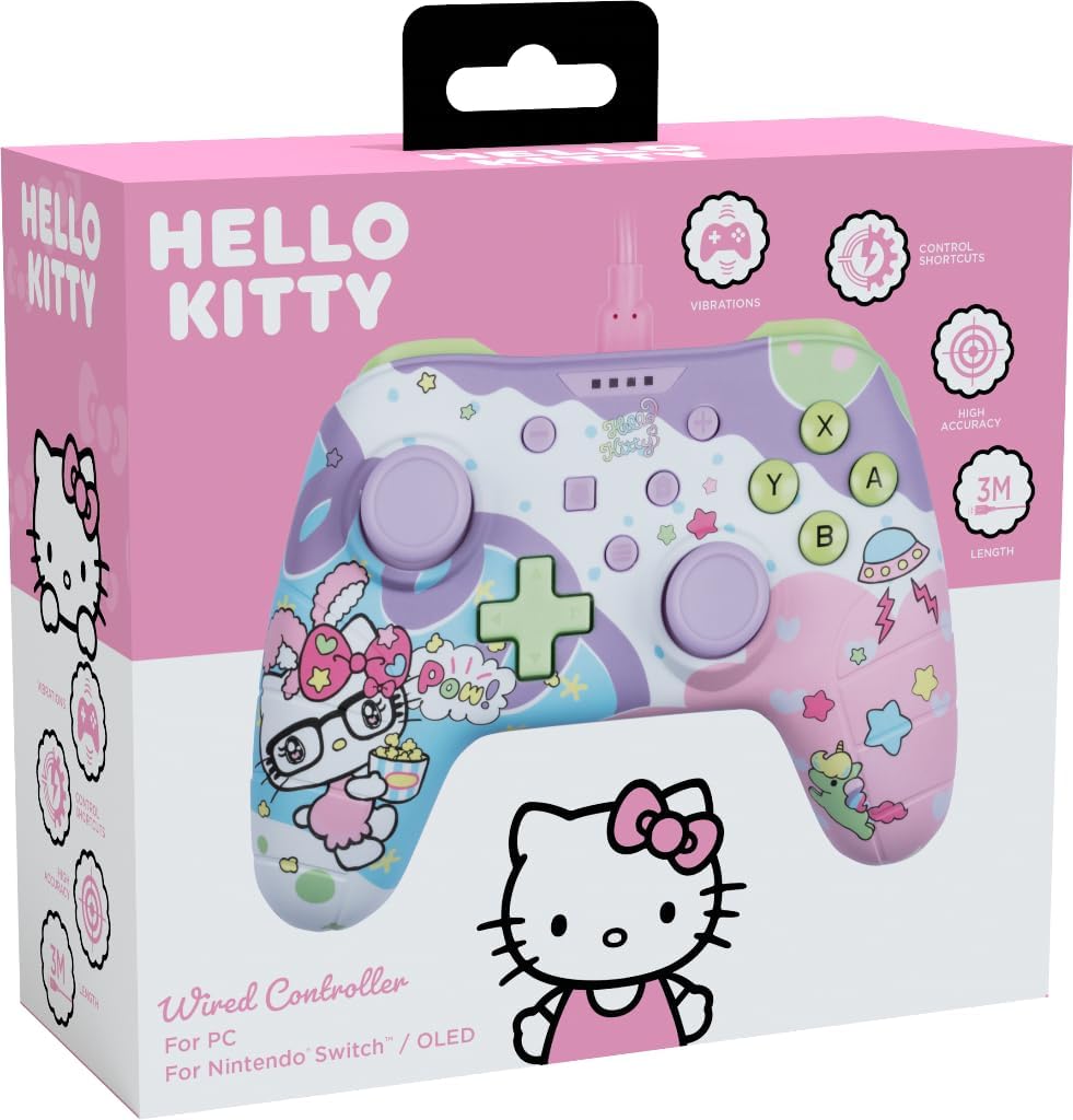 Konix Hello Kitty Controller con cavo per Nintendo Switch, Switch 2 e PC - Funzione vibrazione - Cavo da 3m - Viola e rosa - immagine 7