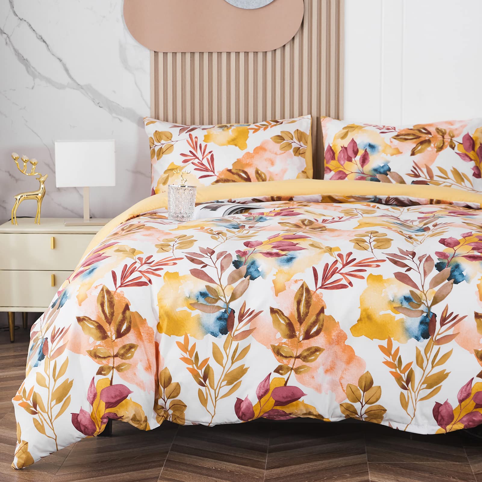 Jemiipee Set Copripiumino Floreale Matrimoniale Giallo Senape