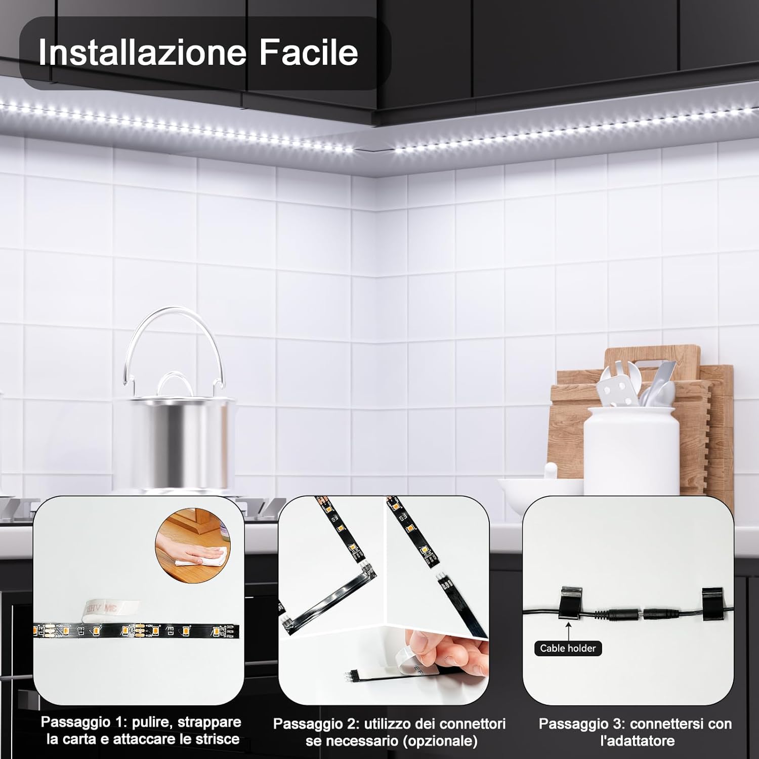 Wobane Striscia Led Cucina Sottopensile 2m, Bianco Freddo - immagine 5