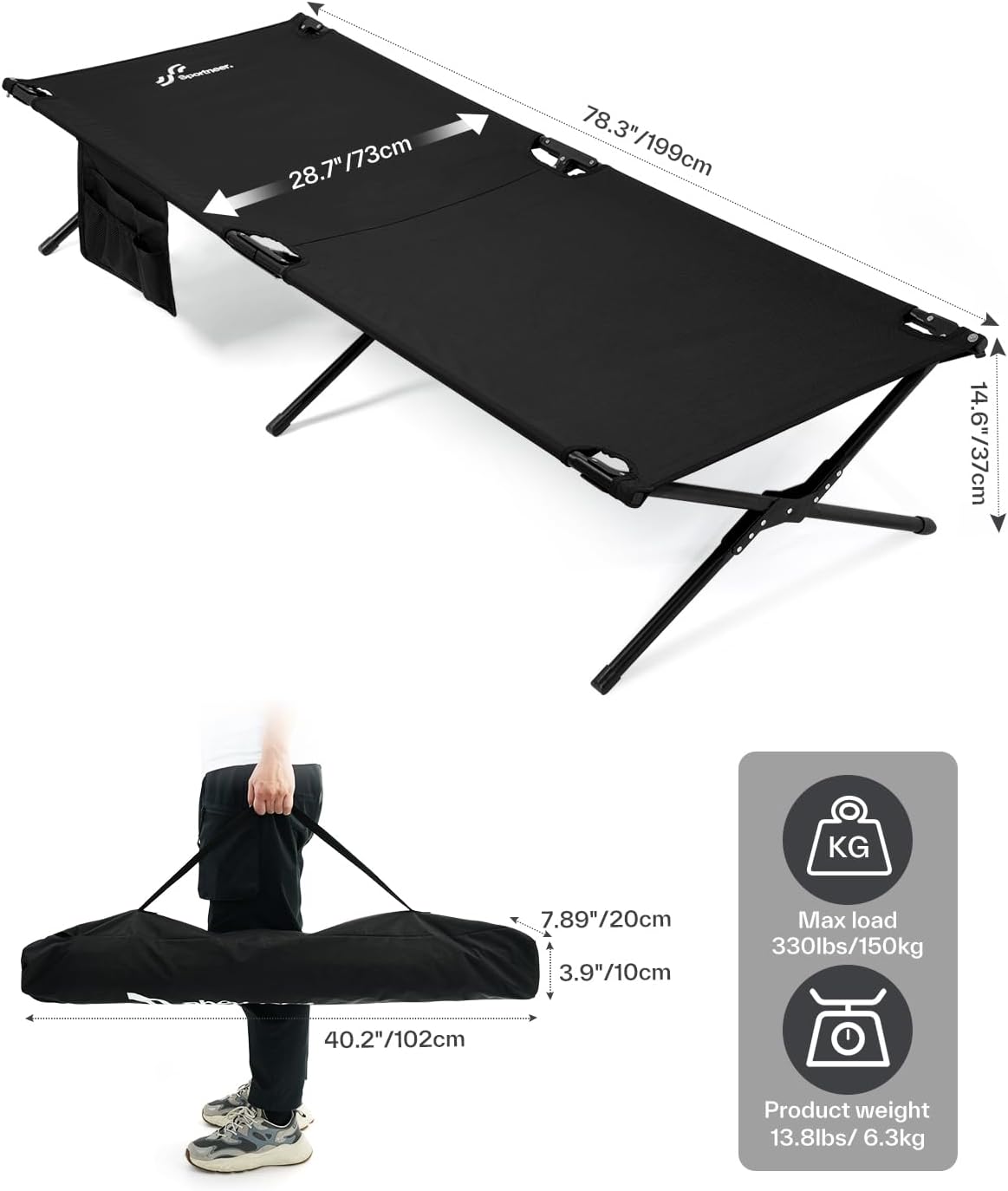 Sportneer Lettino da Campeggio Pieghevole 198x72x37cm - immagine 2