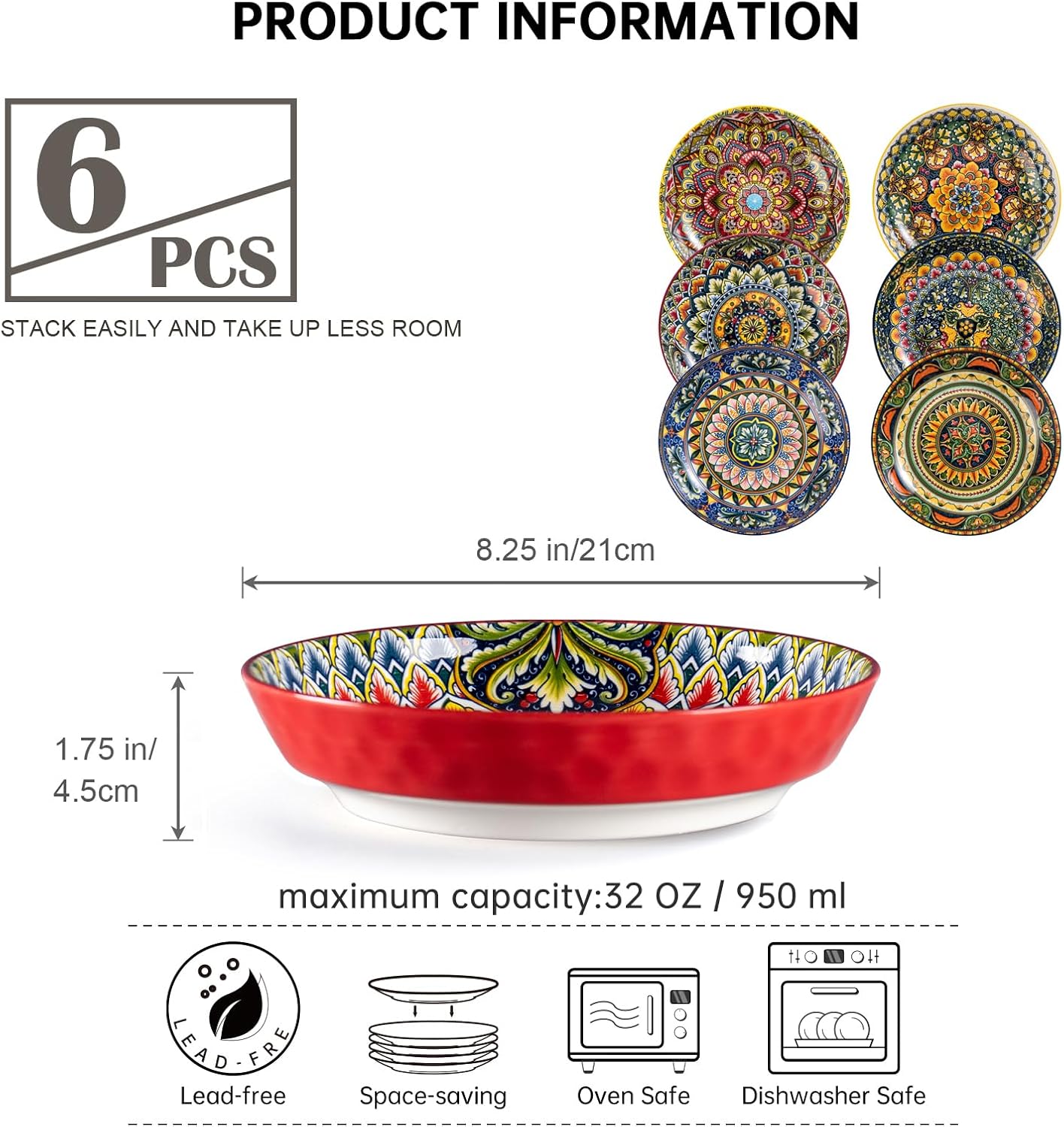 Henten Home Set 6 Piatti Fondi 810ml - Stile Bohémien - immagine 2